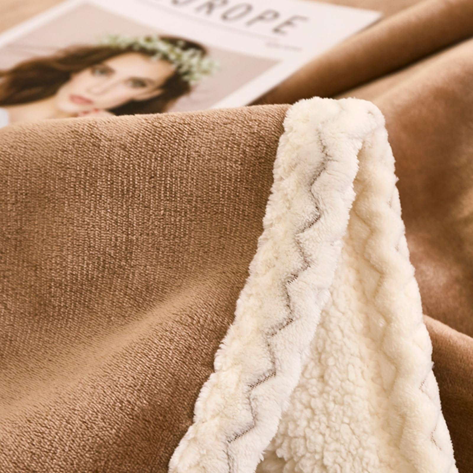 Couverture laine d'agneau double face contre le froid : grand plaid chaud kaki 200x230cm lit
