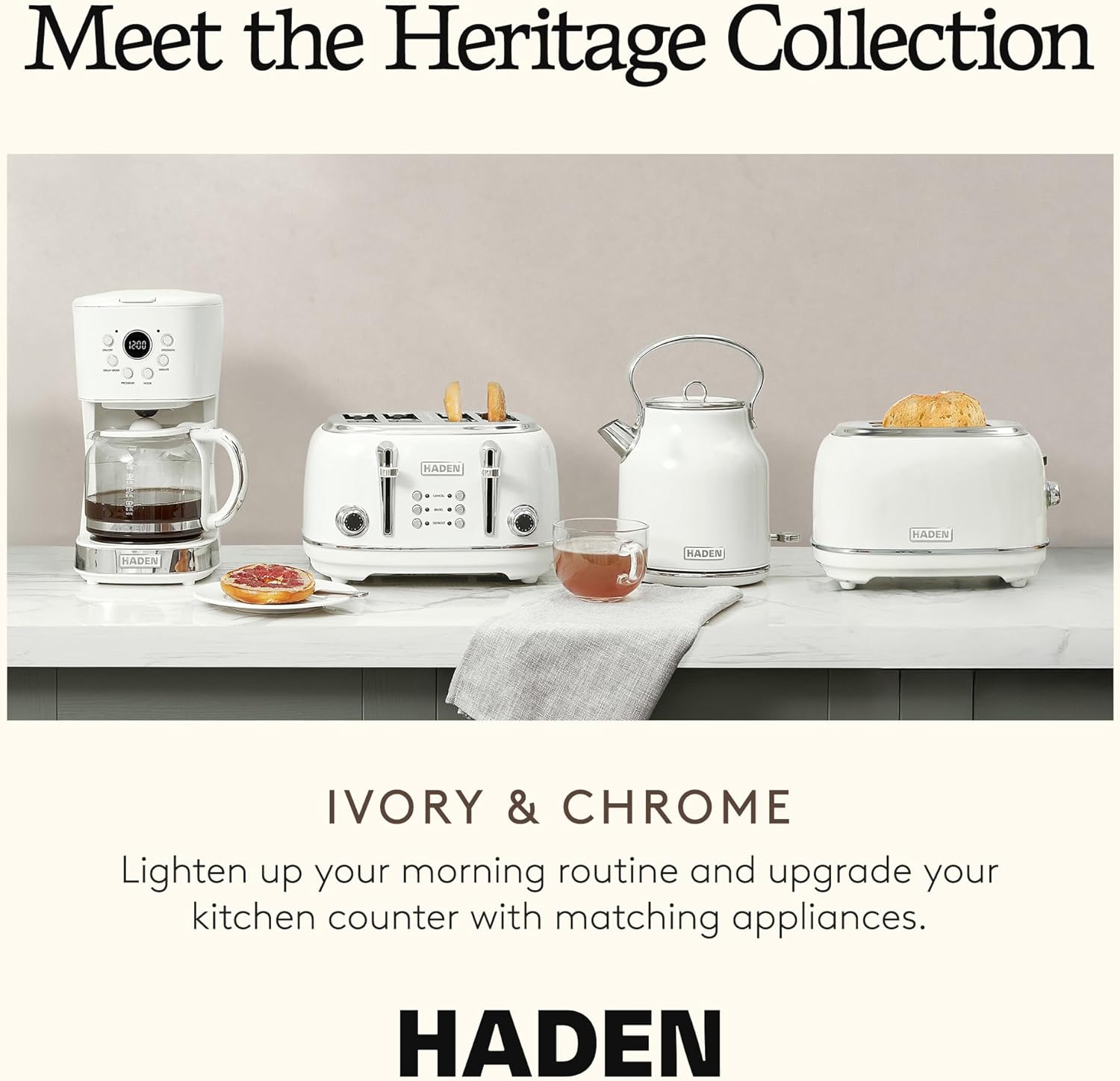 Haden Heritage Stainless Steel Body Retro Electric Tea Kettle, White and Haden Heritage 4 Slice Wide Slot Stainless Steel Retro Toaster, White