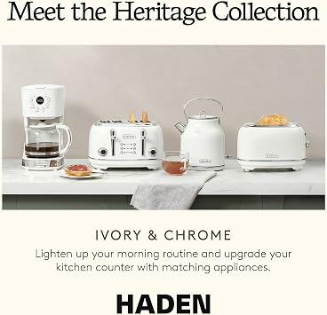Haden Heritage Stainless Steel Body Retro Electric Tea Kettle, White and Haden Heritage 4 Slice Wide Slot Stainless Steel Retro Toaster, White