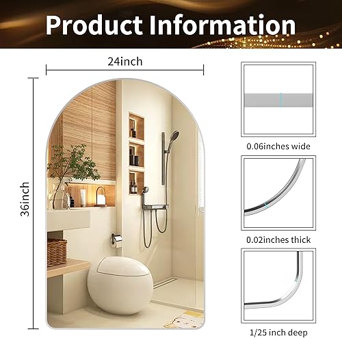 Miniatura 2 de Espejo arqueado plateado de 24 x 36 pulgadas para baño, espejo de tocador o decoración de pared, espejo de arco de metal cepillado, espejo montado