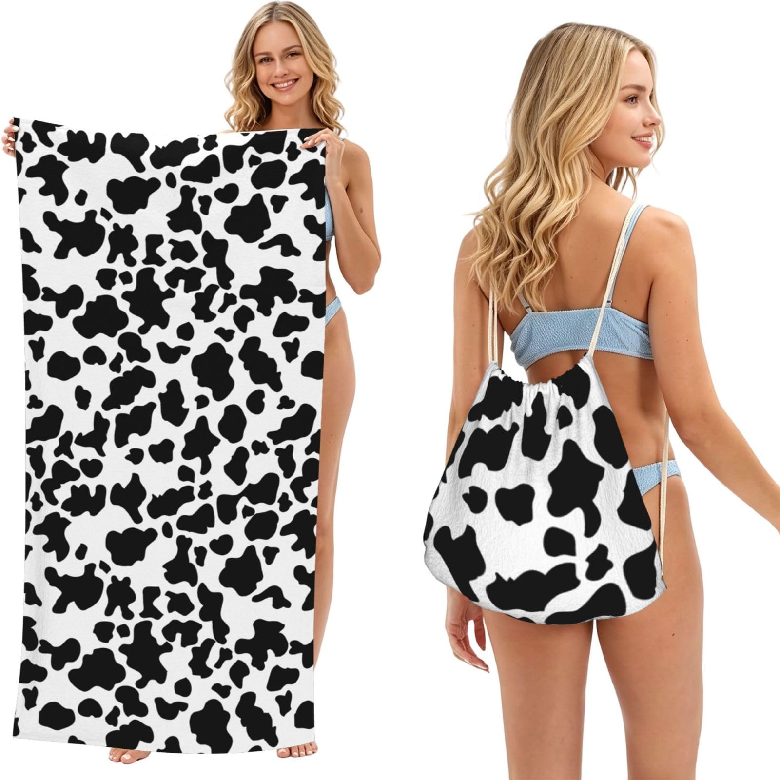 Poadnly As Picture Cow Pattern, 2 In 1 Packable Towel Bag, Beach Towels With Drawstring Backpack For Travel Holiday Camping
