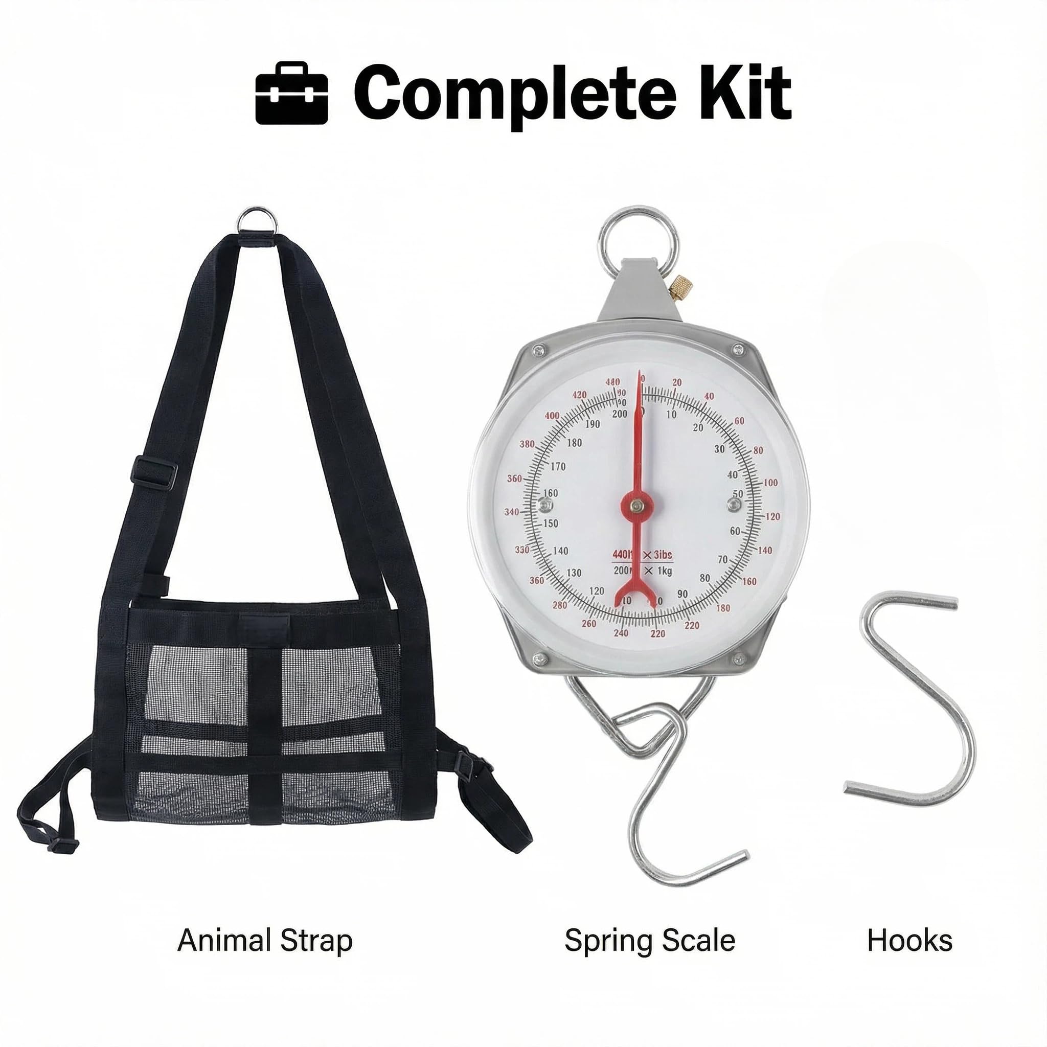 Balance mécanique suspendue de 200 kg avec sangle de mollet | Kit de pesée des animaux 2 en 1 pour veaux, chèvres, moutons, chiens | Cadran à ressort robuste et facile à lire pour ranch de ferme.