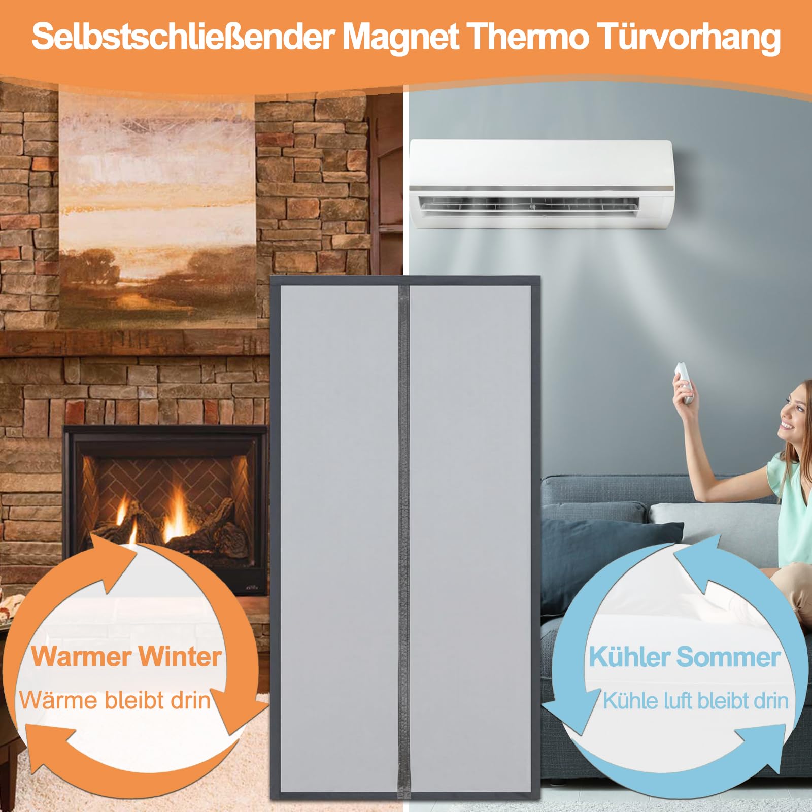 Magnet Thermovorhang Tür 120x220cm, Full Frame Klettverschluss Verdunklungsvorhänge Automatischer Verschluss Magnetische Adsorption, für Haustür Wohnzimmer- Hellgrau
