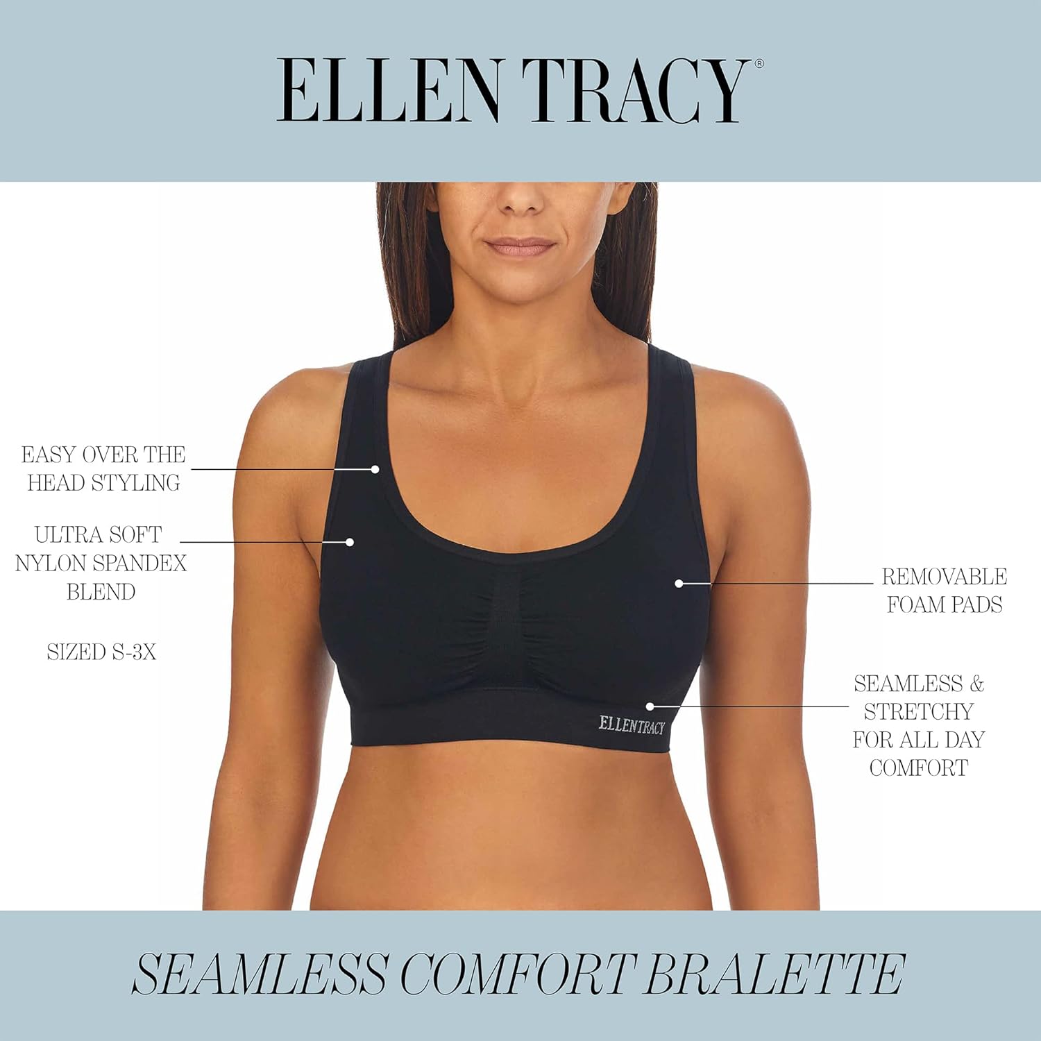 ELLEN TRACY Women's Underwear, Seamless Wirefree Bra, Bralette with Removable Pads, 2-Pack Multipack - Image 5