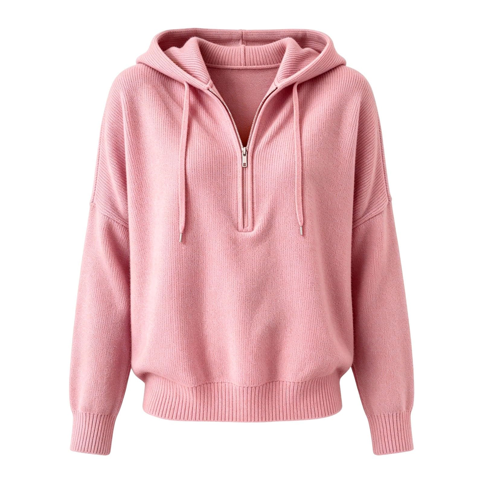 Generico Felpa Donna con Cappuccio E Mezza Zip Lavorata A Maglia Casual | Hoodie Tinta Unita Manica Lunga Pullover Top Vestibilità Larga Morbida E Confortevole Maglione Da Indossare Tutti I Giorni