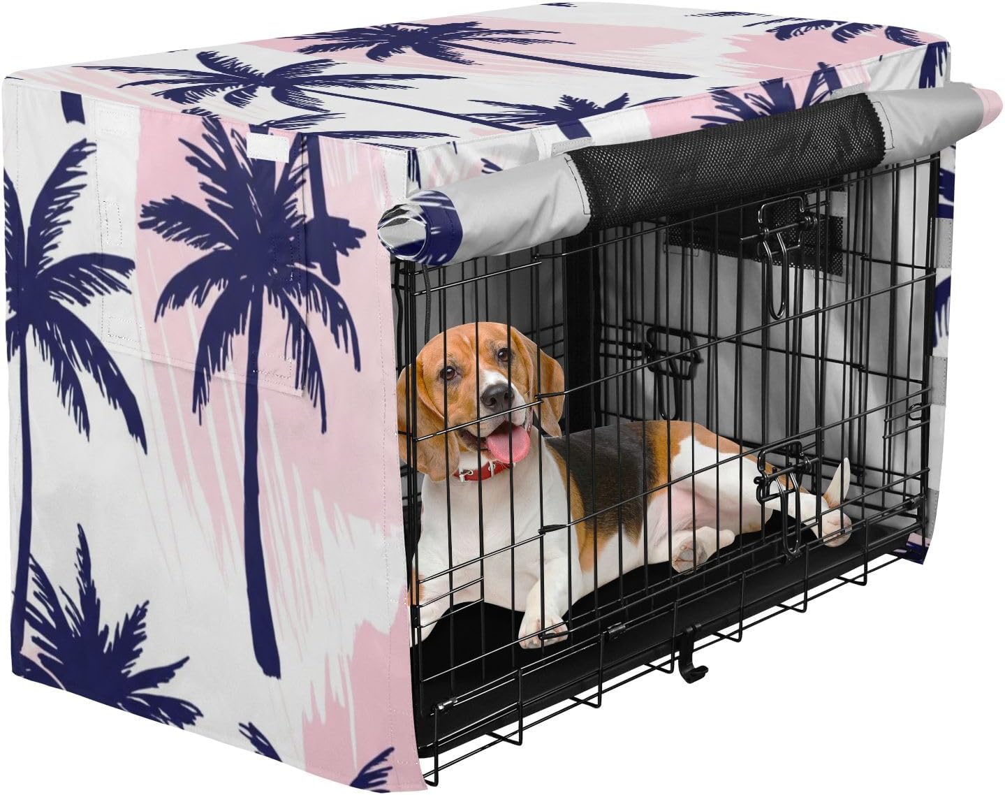 Navy Blue Palm Trees Pet Cage Cover with Mesh Windows, UV-Resistant Dog Create Cover, Large
