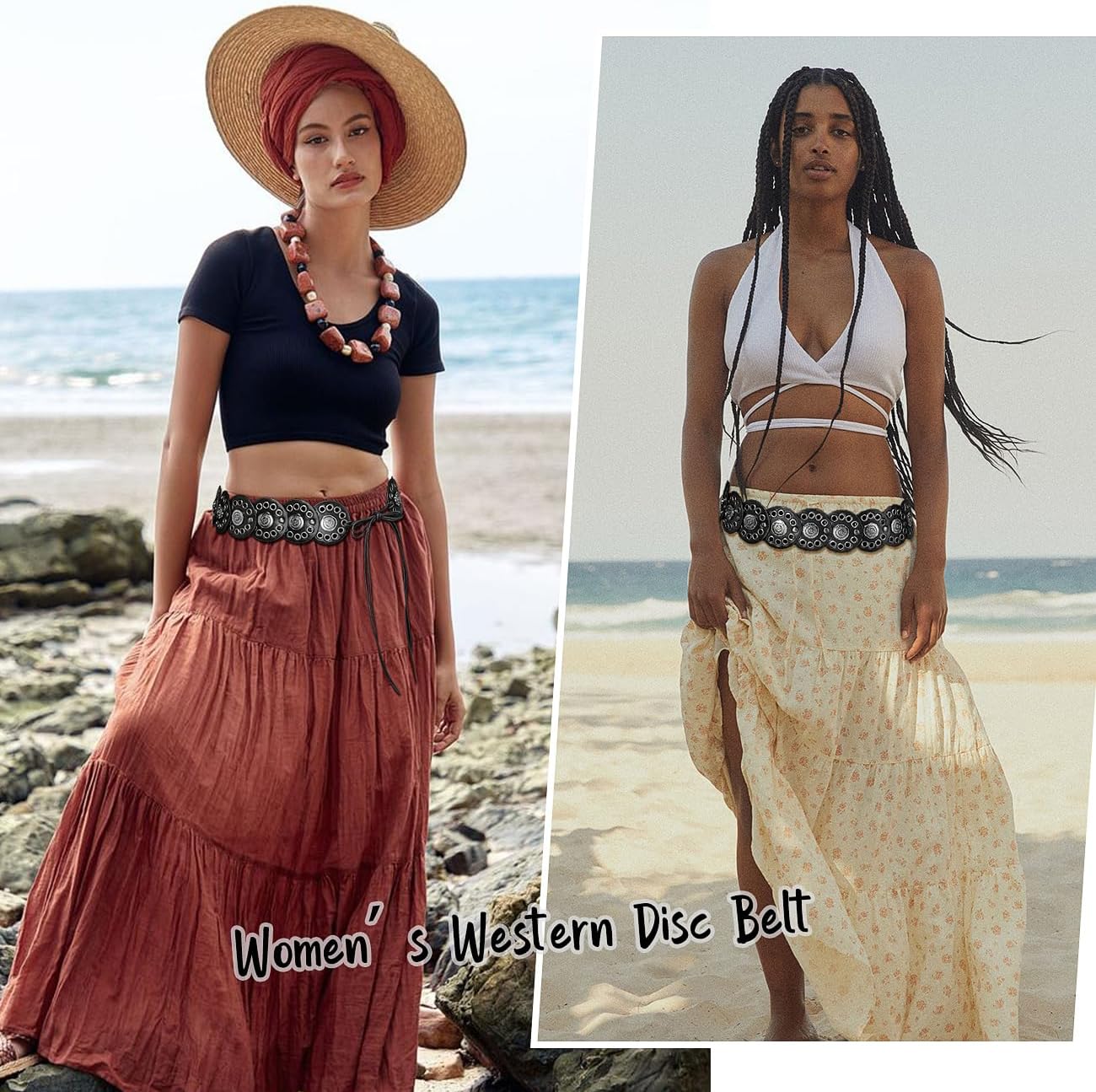 Women Western Disc Belt Boho Disk Concho Leather Belts Adjustable Knot Tie Waist Belts for Dresses - Image 6