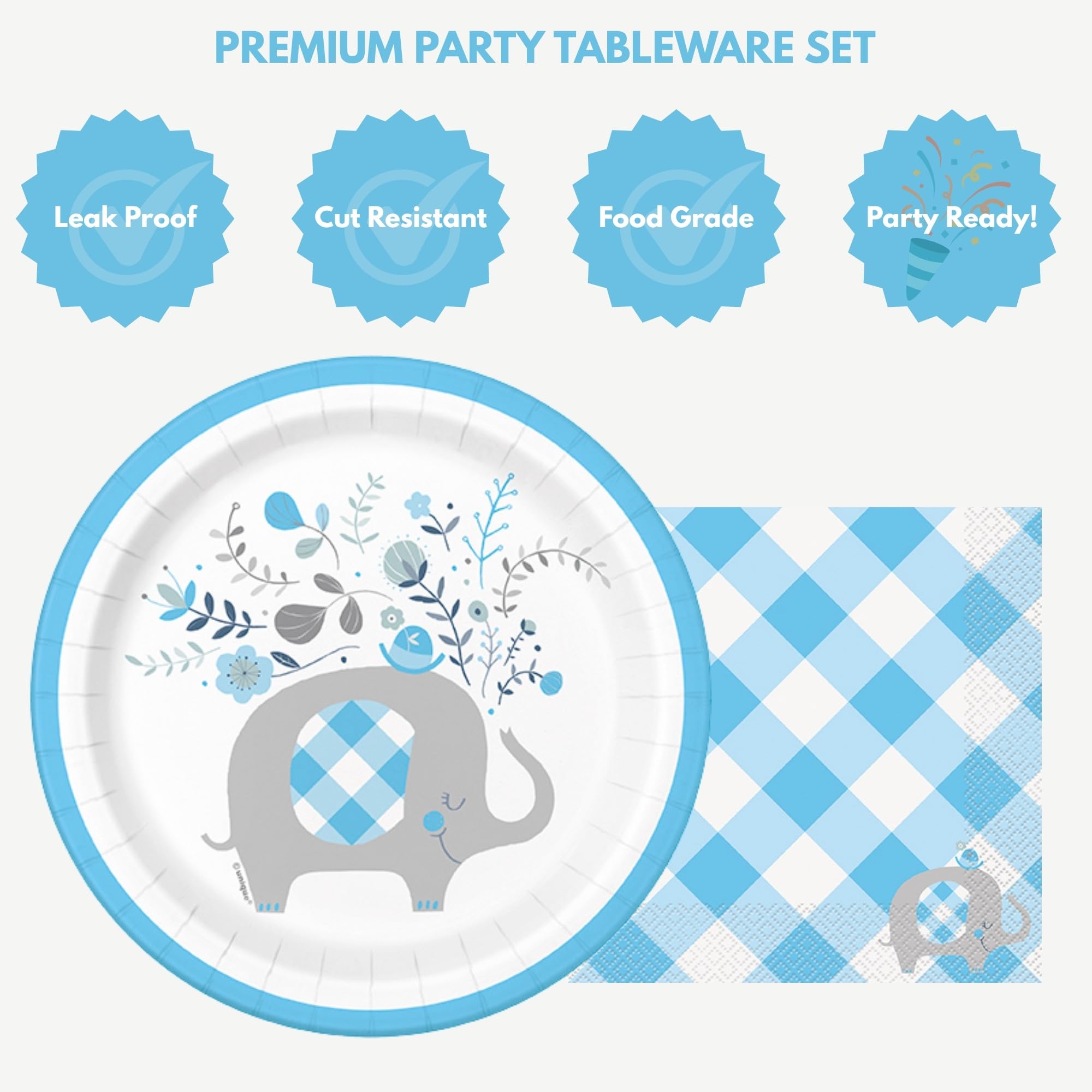 Elefante azul suministros de fiesta y decoración de mesa para niños cumpleaños y baby shower, Platos de papel azul y servilletas de almuerzo (sirve 16)