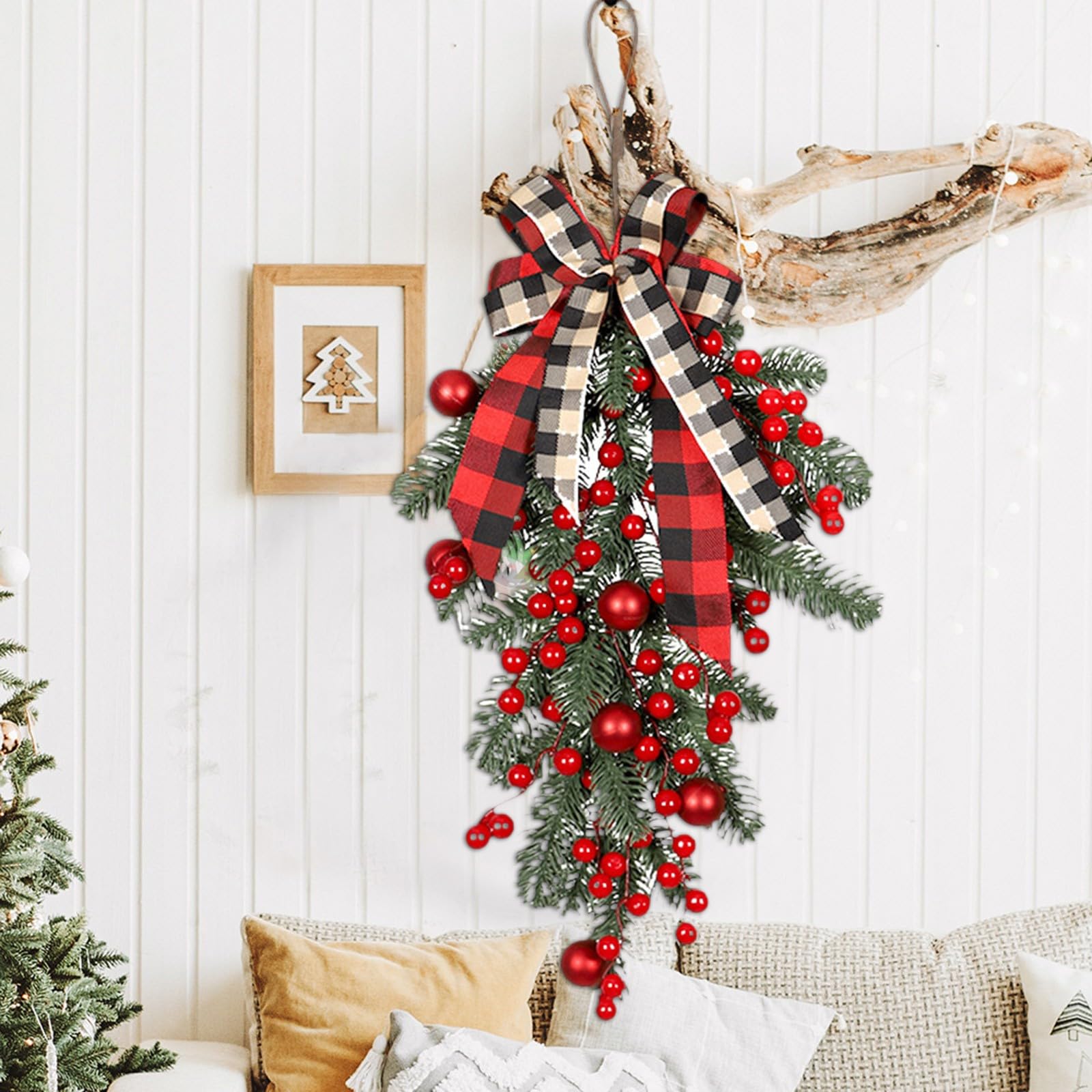 Ghirlanda Natalizia 61 Cm Con Alberello E Casetta - Decorazioni Per Porta, Parete O Finestra - Idea Regalo Per Un Natale Da Fiaba