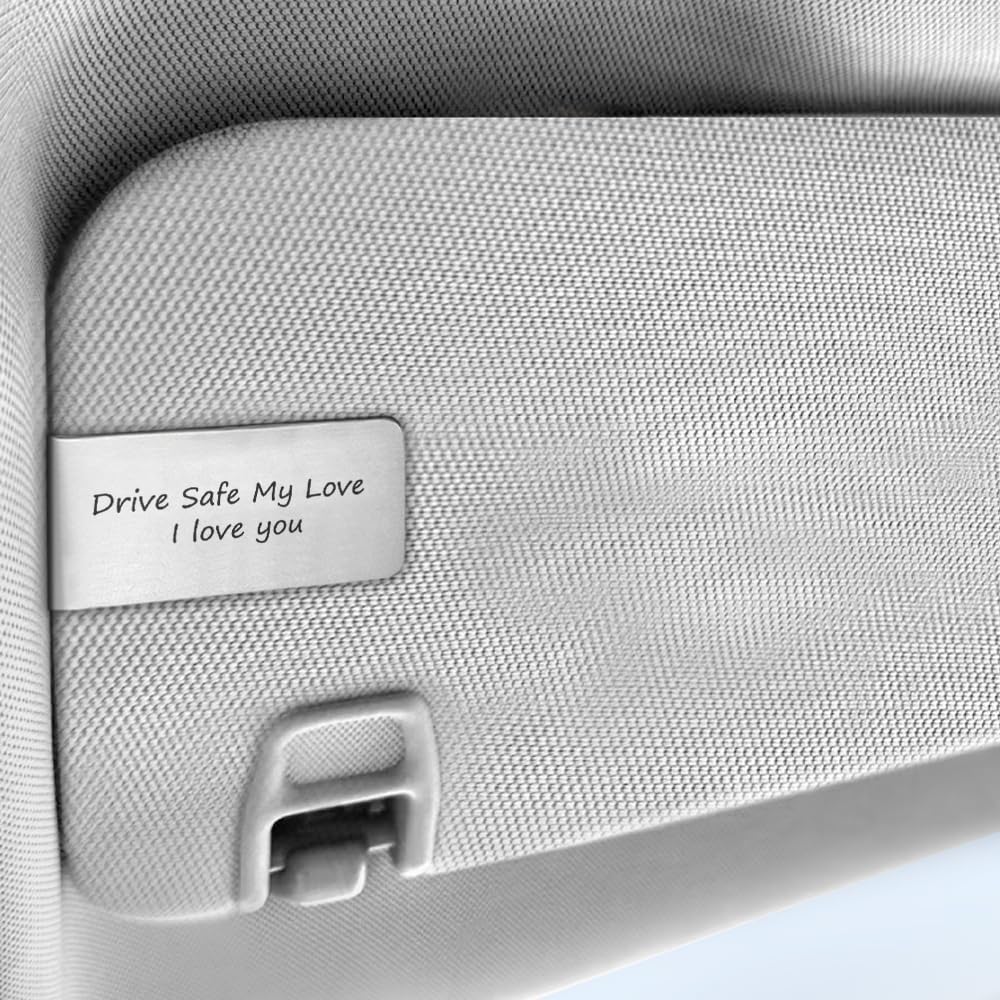 Drive Safe My Love, I love You Engraved Stainless Steel Car Visor Clip, Couple Car Accessories, Anniversary Couple Gifts for GF BF Husband Wife, Safe Driving Gifts for Spouse Family Loved Ones