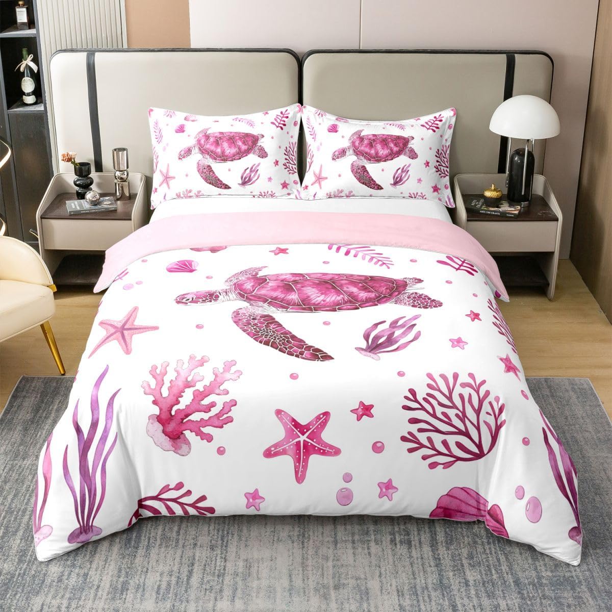 Erosebridal Cute Coastal Sea Turtle 100% Cotton Queen Comforter Cover Kids Nautical Seashell Starfish Duvet Cover for Teen Adults Pretty Seaweed Beachy Bedding Set Pink Watercolor Sealife Bed Set