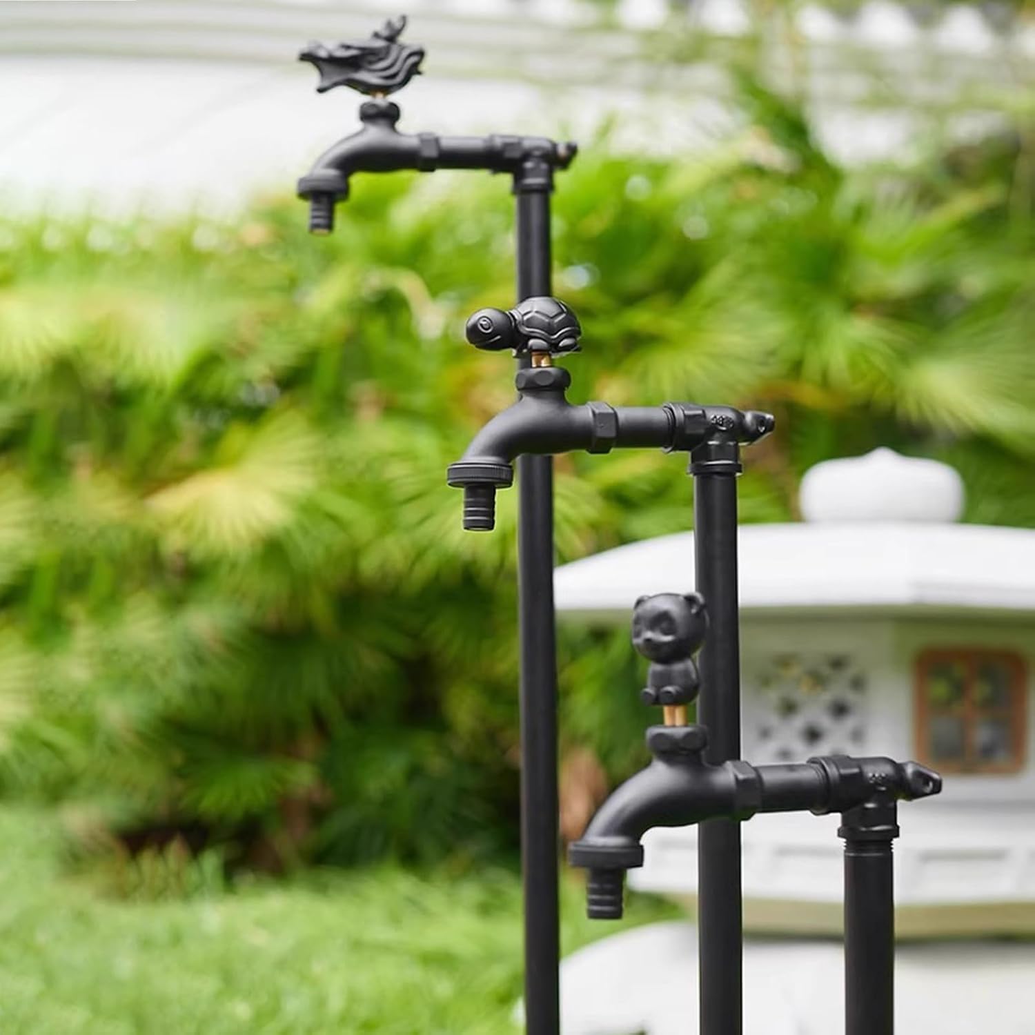 Cylindrical Garden Water Column with Faucet, Double Outlet Outdoor Water Dispenser Hydrant & Spray Gun Hose (Lock, 35.4in/90cm) - Perfect for Irrigation & Gardening