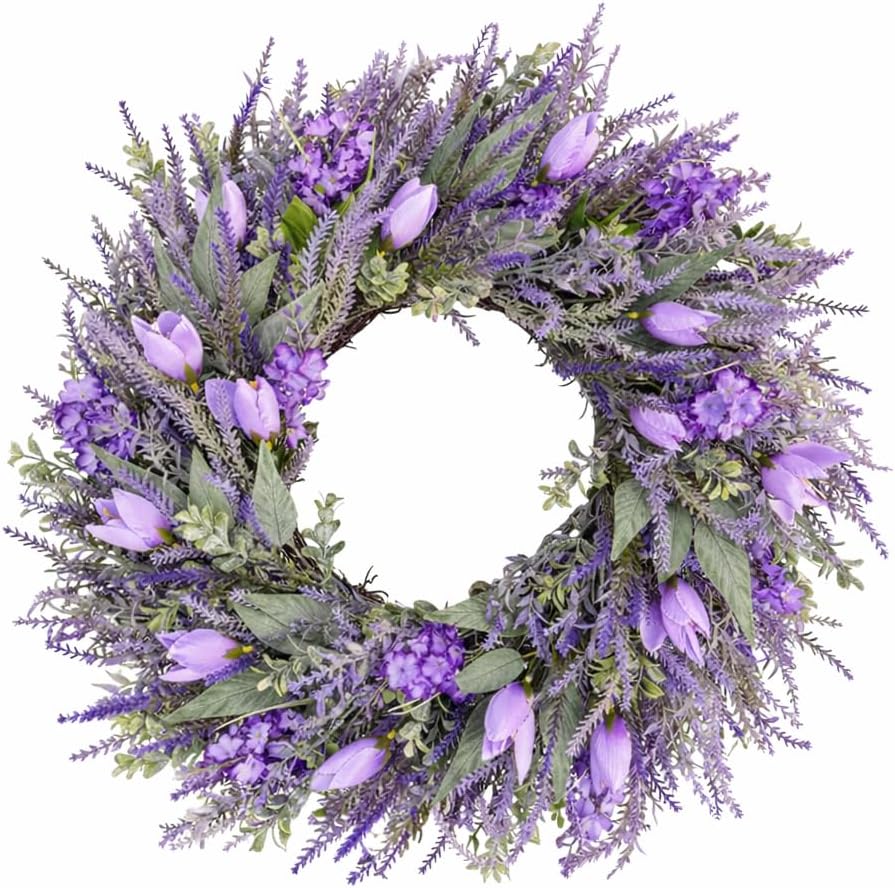 26" Large Spring Wreaths For Front Door-Large Lavender Tulip Easter Wreath Flower Wreath Summer Spring Door Wreaths Outdoor All Season Spring Decoration for Home Porch Room Window Wall Farmhouse Decor