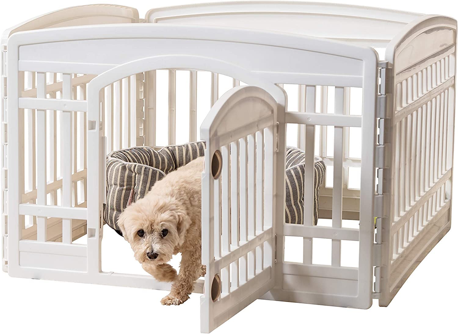 LIODUXPet Playpen Foldable Gate for Dogs Heavy Plastic Puppy Exercise Pen with Door Portable Indoor Outdoor Small Pets Fence Puppies Folding Cage 4 Panels Medium Animals House Supplies (91 x 60 CM)