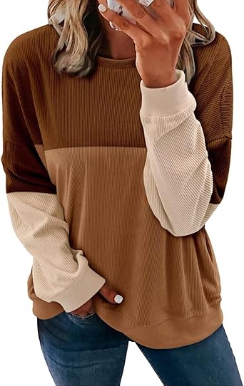 KISSMODA Women's Casual Long Sleeve Sweatshirt Color Block/Solid Crewneck Corduroy Pullover Cute Tops