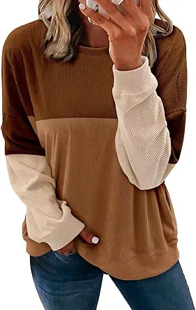 KISSMODA Women's Casual Long Sleeve Sweatshirt Color Block/Solid Crewneck Corduroy Pullover Cute Tops