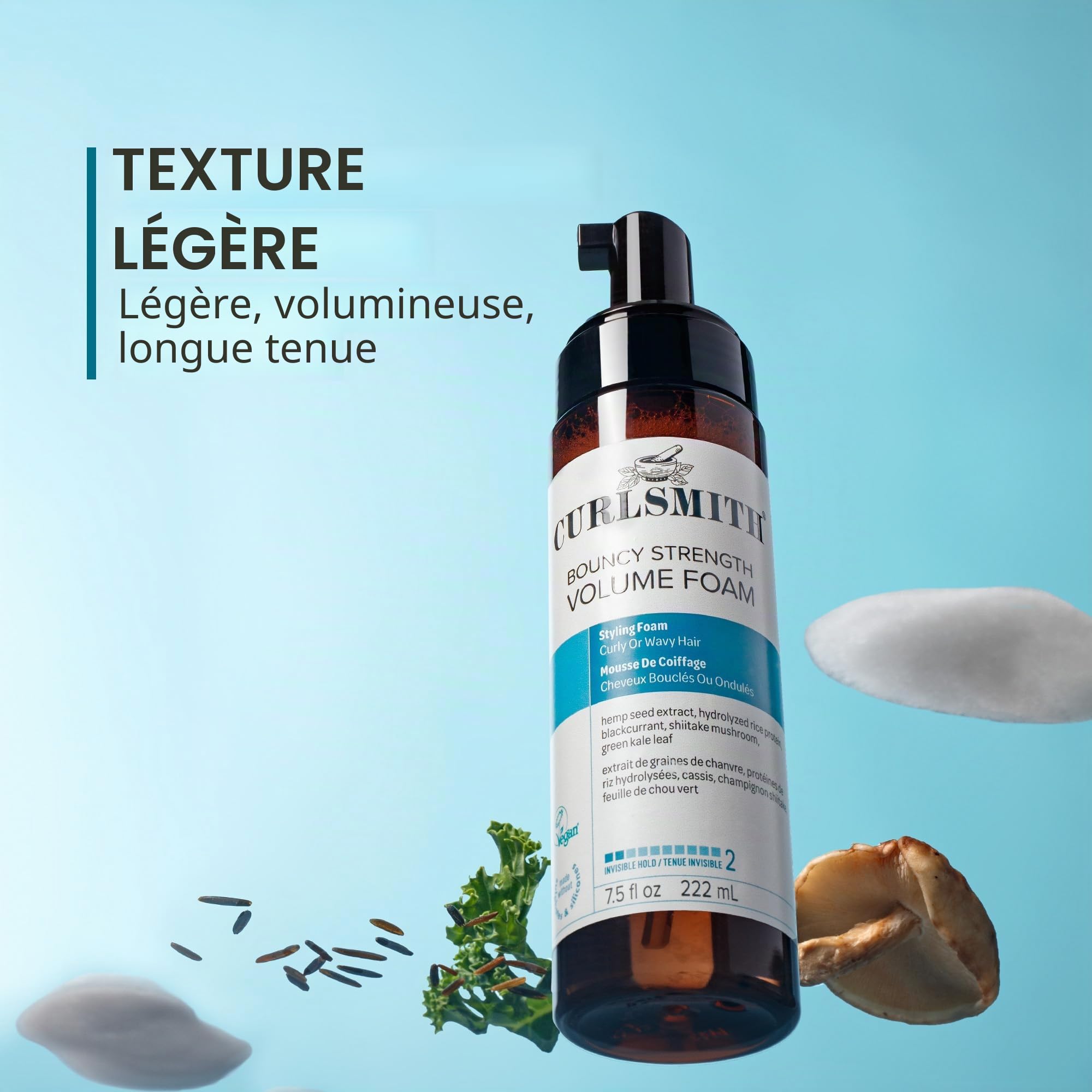 Curlsmith Bouncy Strength Volume Foam - Mousse légère pour volume, fortifiante, pour tous types de boucles, cheveux abîmés, végan et non testé sur les animaux (7.5 oz)