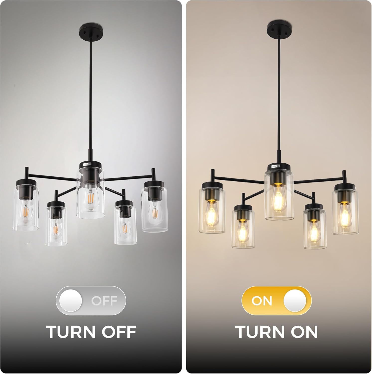 L LOHAS LED 5-Light Black Chandelier for Dining Room Light Fixture Over Table, 25-Inch Modern Chandelier with Glass Shades, Adjustable Hanging Light Fixture for Kitchen Island Foyer Hallway
