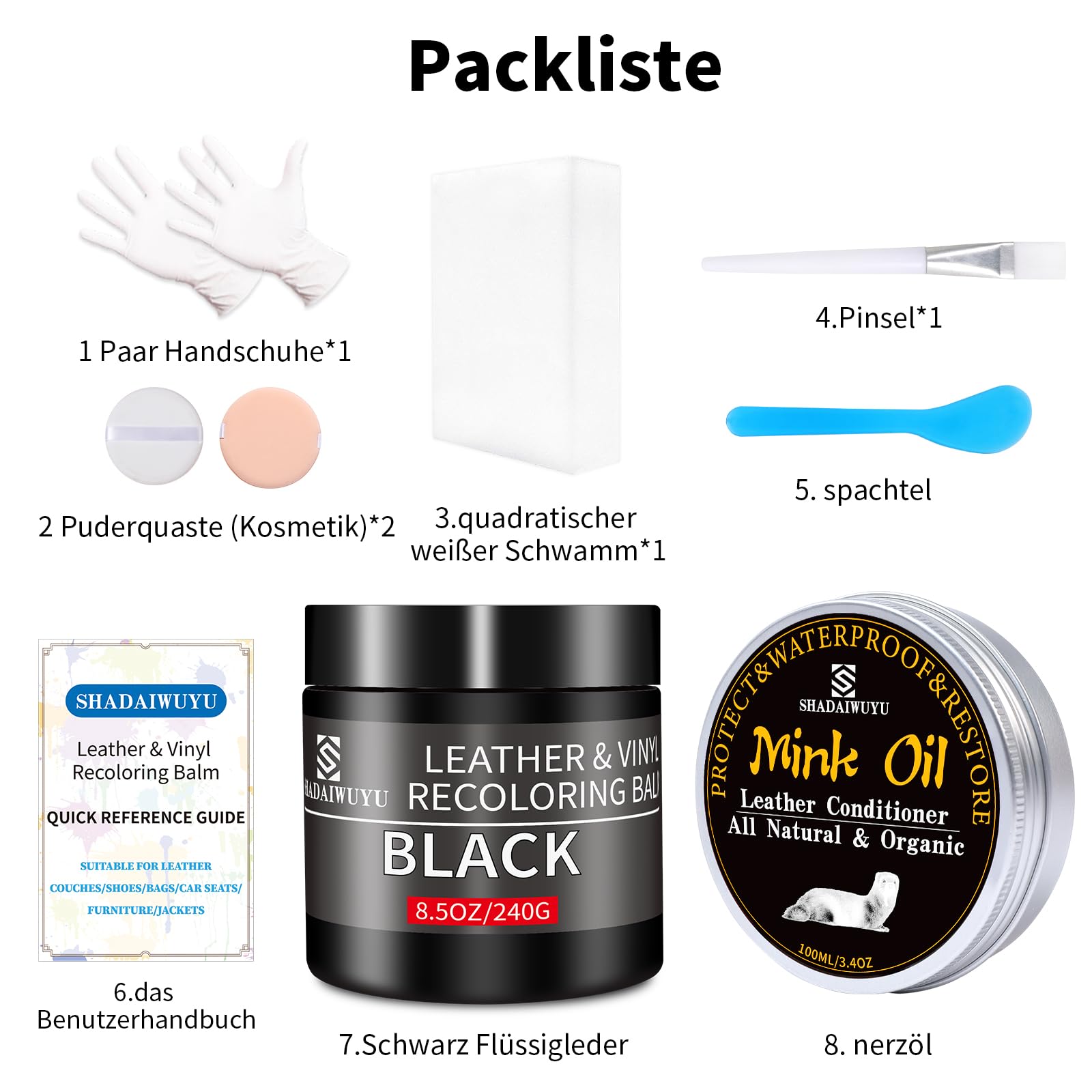 240g Lederpflege Auto mit Lederfett(100ml),Leder Reparatur Set Schwarz,Flüssigleder,Lederfarbe,Kunstleder Reparaturset zum Reparieren von Sofas,Vinylmöbeln,Autositz bei Verblassen und Kratzer