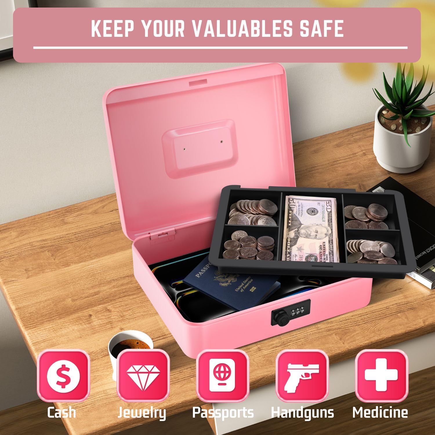Flexzion Cash Lock Box with Key, Pink Petty Cash Box with Lock for Small Businesses Events & Personal Savings - Image 2