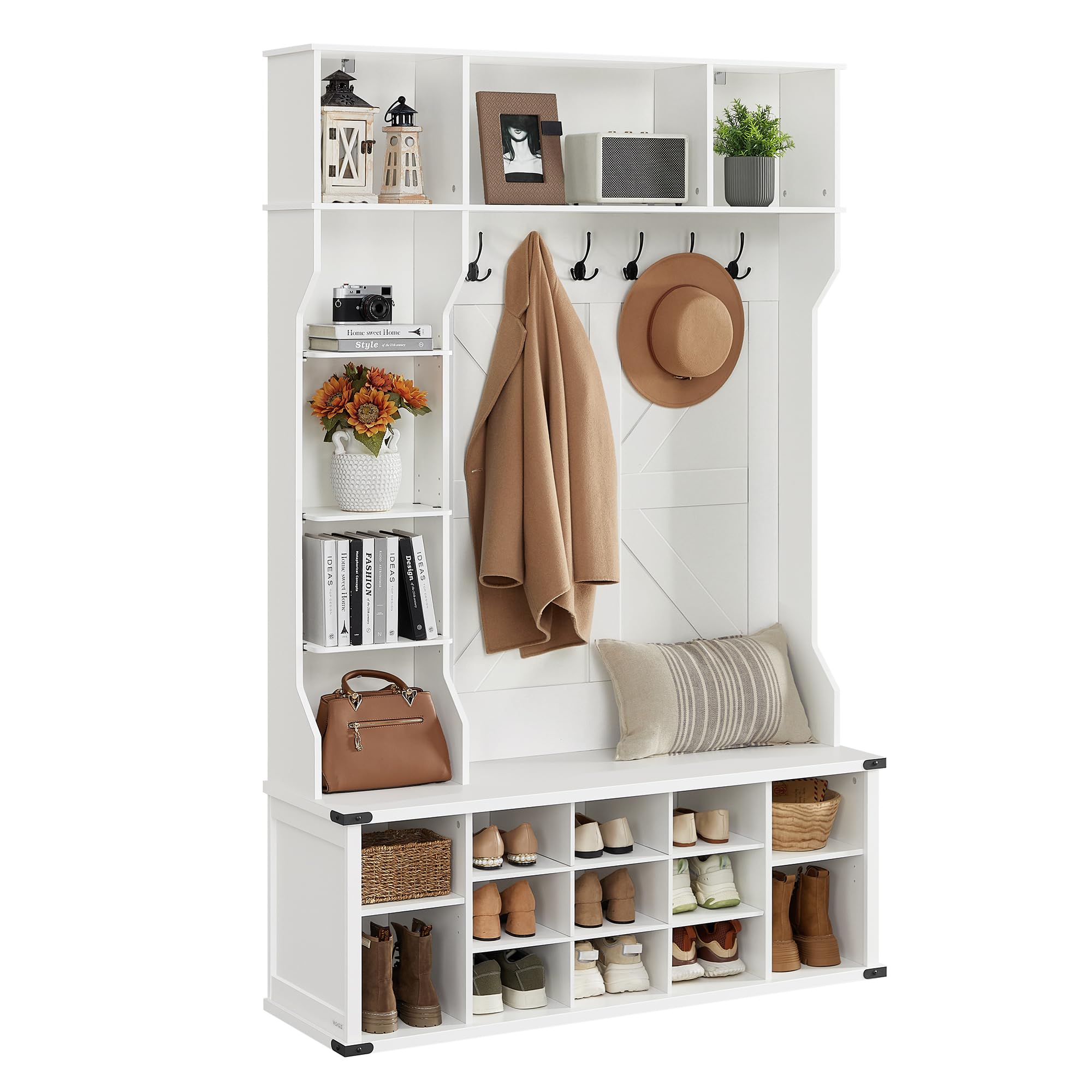 VASAGLE Kleiderständer, Garderobe, Eingangsmöbel mit Schuhregal, verstellbare Ablagen, 20 offene Fächer, 6 Dreifach-Haken, Landhausstil, freistehend, für Eingangsbereich, Flur, wolkenweiß HSR440W03