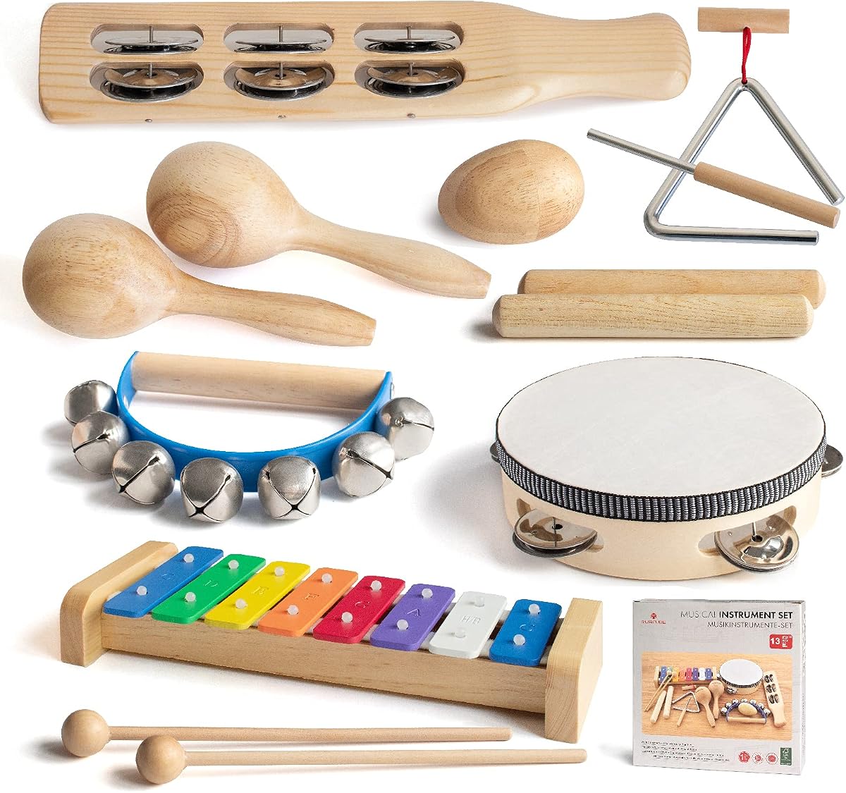 Musical Instrument Set for Toddler Baby Kid Wooden Percussion Instrument Musical Toys Xylophone Maracas Egg Shaker Tambourine Triangle Instrument for Boys Girls