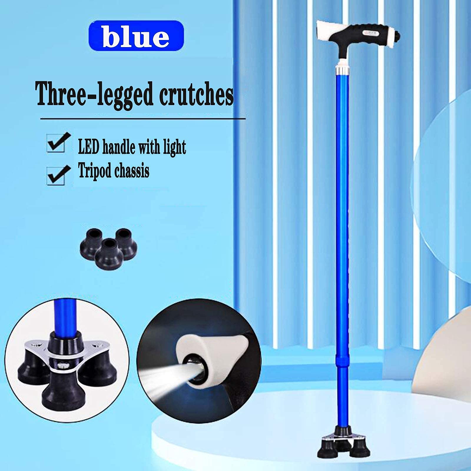 Bastón para Hombres y Mujeres con luz LED y bastón para Ancianos Ajustable en 12 Alturas con Base de trípode de Agarre (Color : Blue) Vision