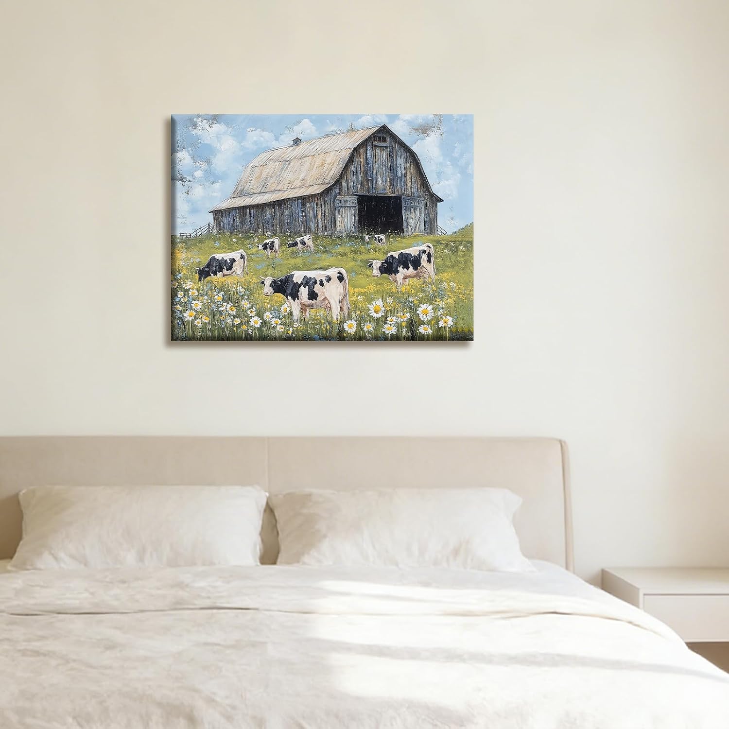 Poemwish Weathered Blue Barn Cow Canvas Wall Art Rustic Farmhouse Wildflower Country Landscape Decor for Living Room Bedroom Office Farm Home Decor 16x12inch