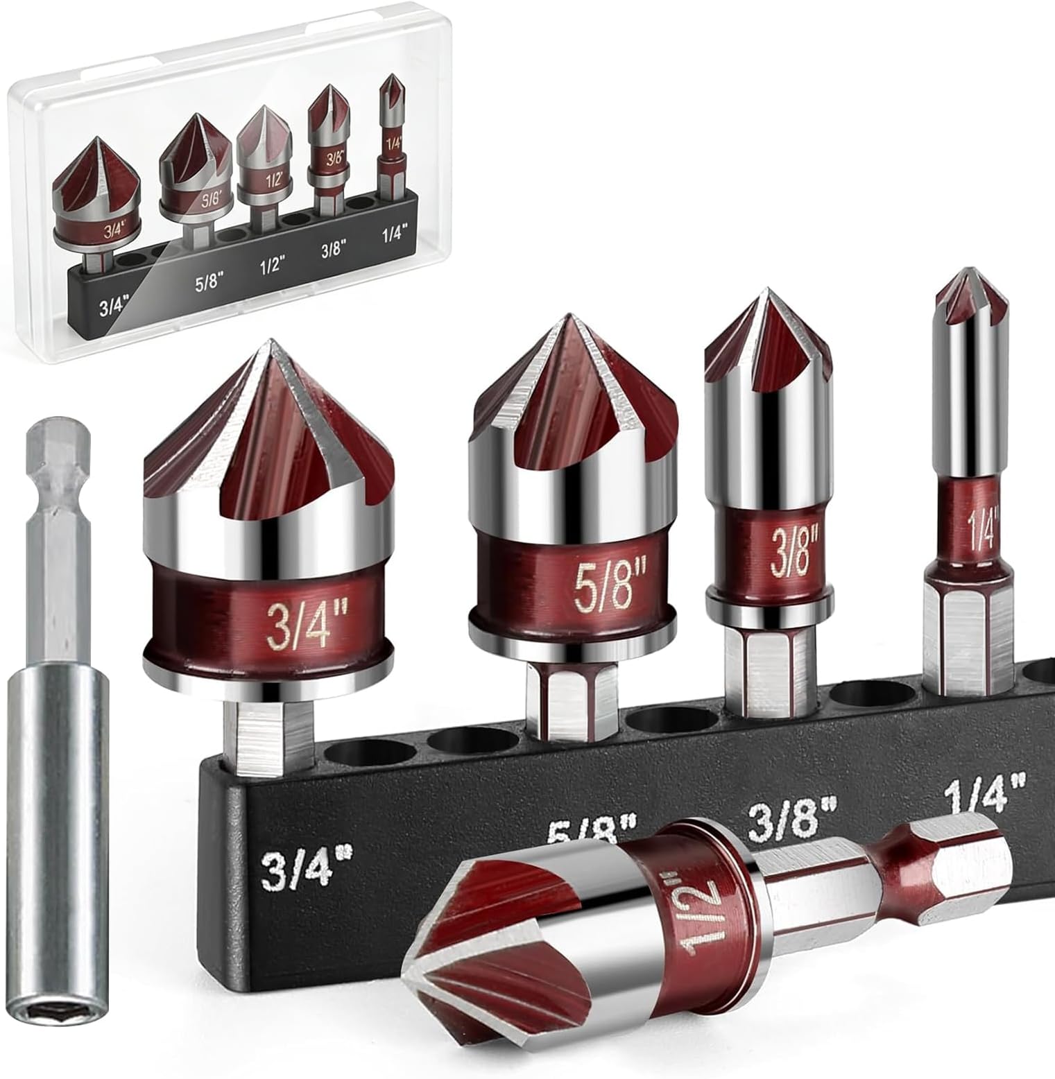 HSS Countersink Drill Bit Set - 85 Degree 5-Flute Hex Shank Bits for Wood, Metal, Plastic (1/4" to 3/4" Sizes)