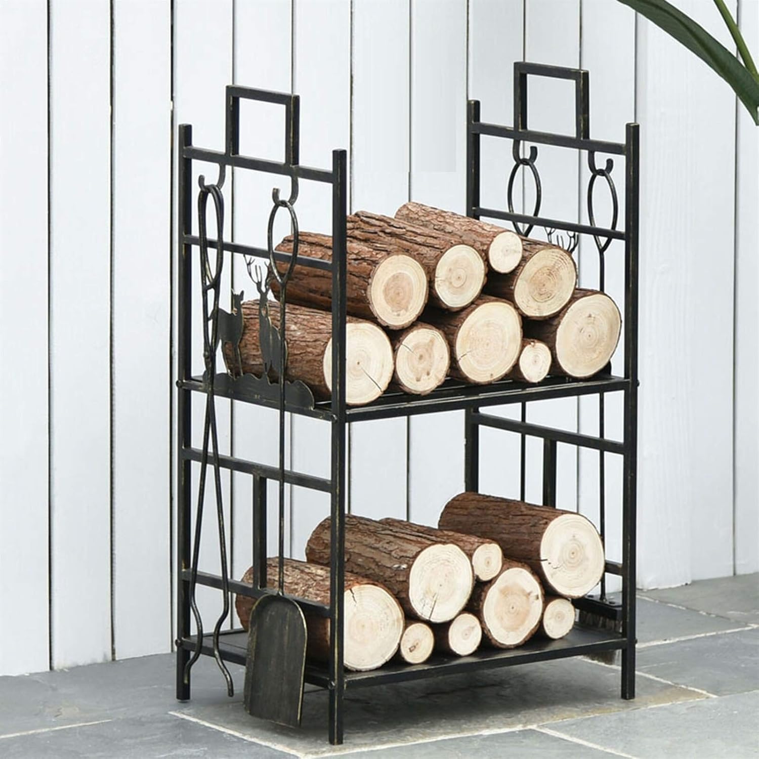 Firewood Racks with Fireplace Tool Set, Heavy Duty Log Holder, Poker, Shovel, Tongs, Brush 5-Piece Tools, Indoor Outdoor Large Fire Pit Wood Iron Stand,51.5×33×77cm