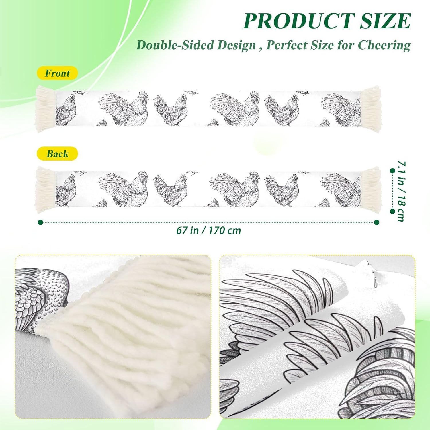 CHIFIGNO Chicken White Sports Fan Scarf with Fringe, Soft Polyester Sweat Towel Wrap for Soccer Cheering, Quick Dry