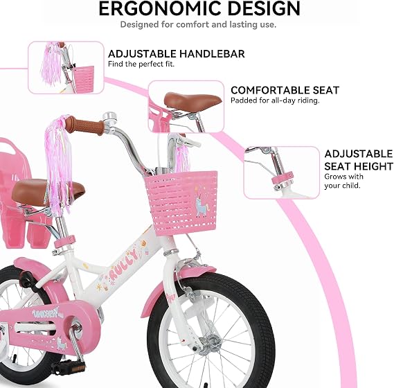 RULLY Kids Bike 12 14 16 inch for 2-7 Years Girls with Training Wheels & Front Handbrake, Kids Bicycle with Basket Bike Streamers Toddler Cycle Bikes