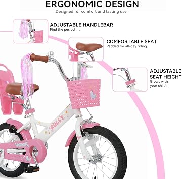 RULLY Kids Bike 12 14 16 inch for 2-7 Years Girls with Training Wheels & Front Handbrake, Kids Bicycle with Basket Bike Streamers Toddler Cycle Bikes