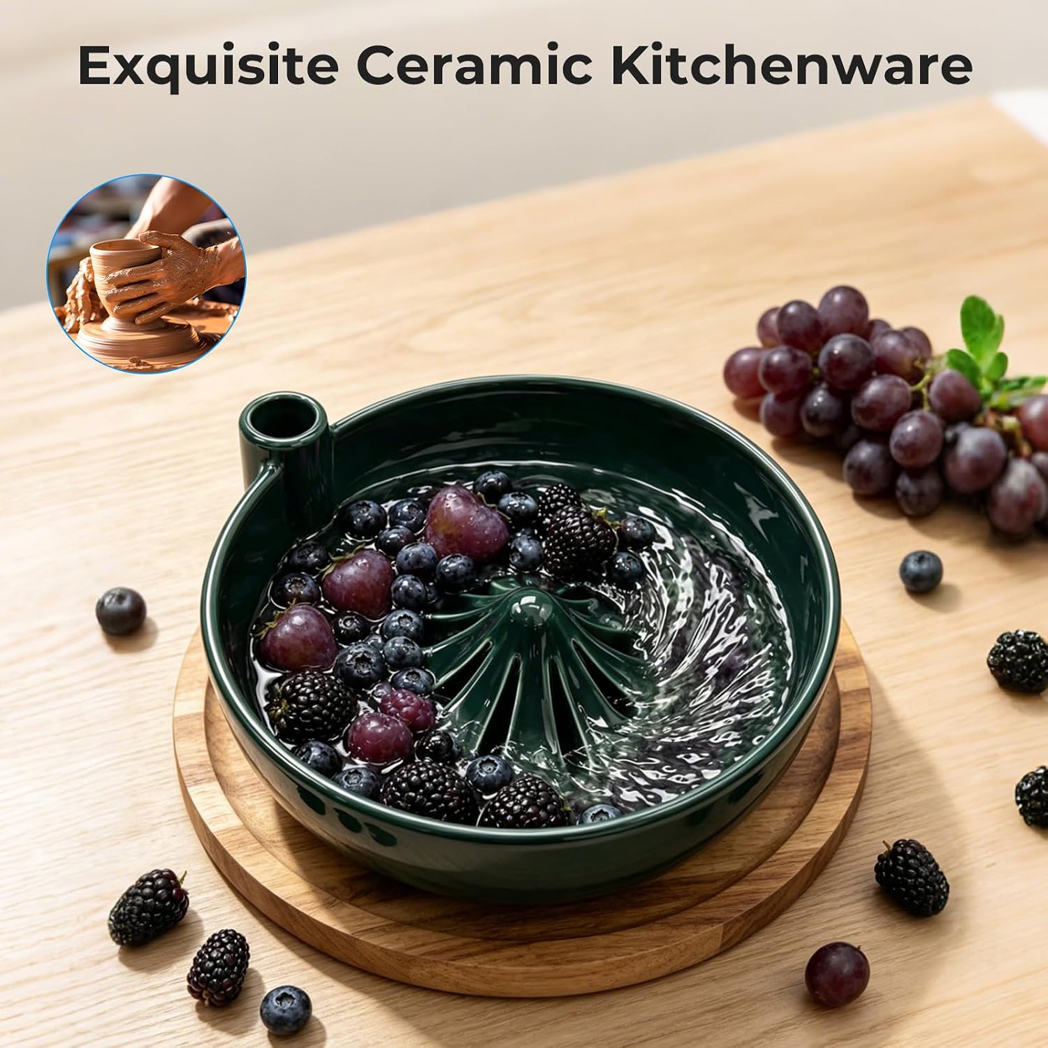 Self‑Spinning Ceramic Berry Washing Bowl with Drain Holes 8" Sieve Bowl