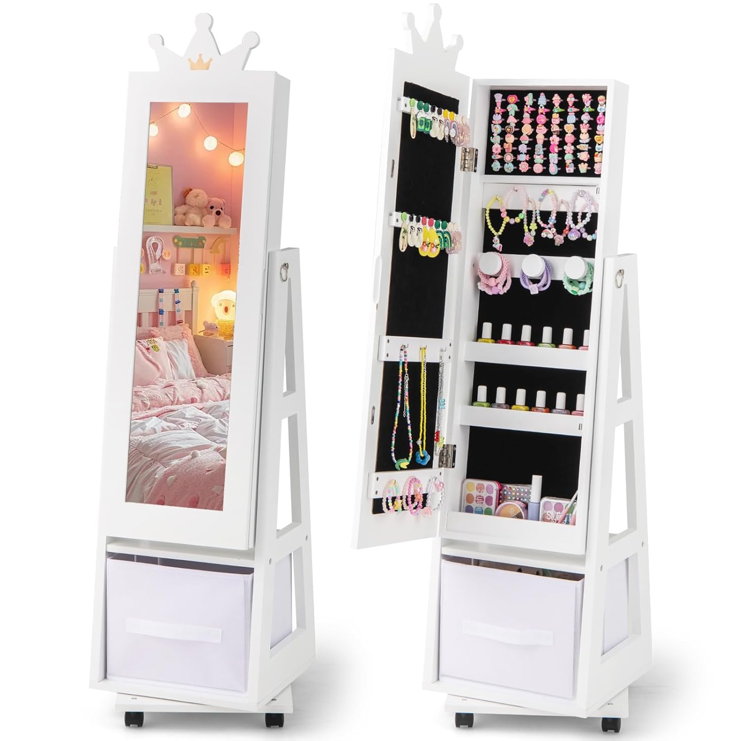 CHARMAID 360 Swivel Kids Jewelry Cabinet 48 Standing Jewelry Organizer with Full Length Mirror Storage Drawer Kids Vanity