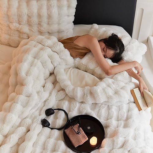 Miniatura 7 de Manta de piel de conejo sintética tamaño individual  Acogedora manta de felpa mullida para la siesta tamaño Queen para sofá, sillón, sala de estar,