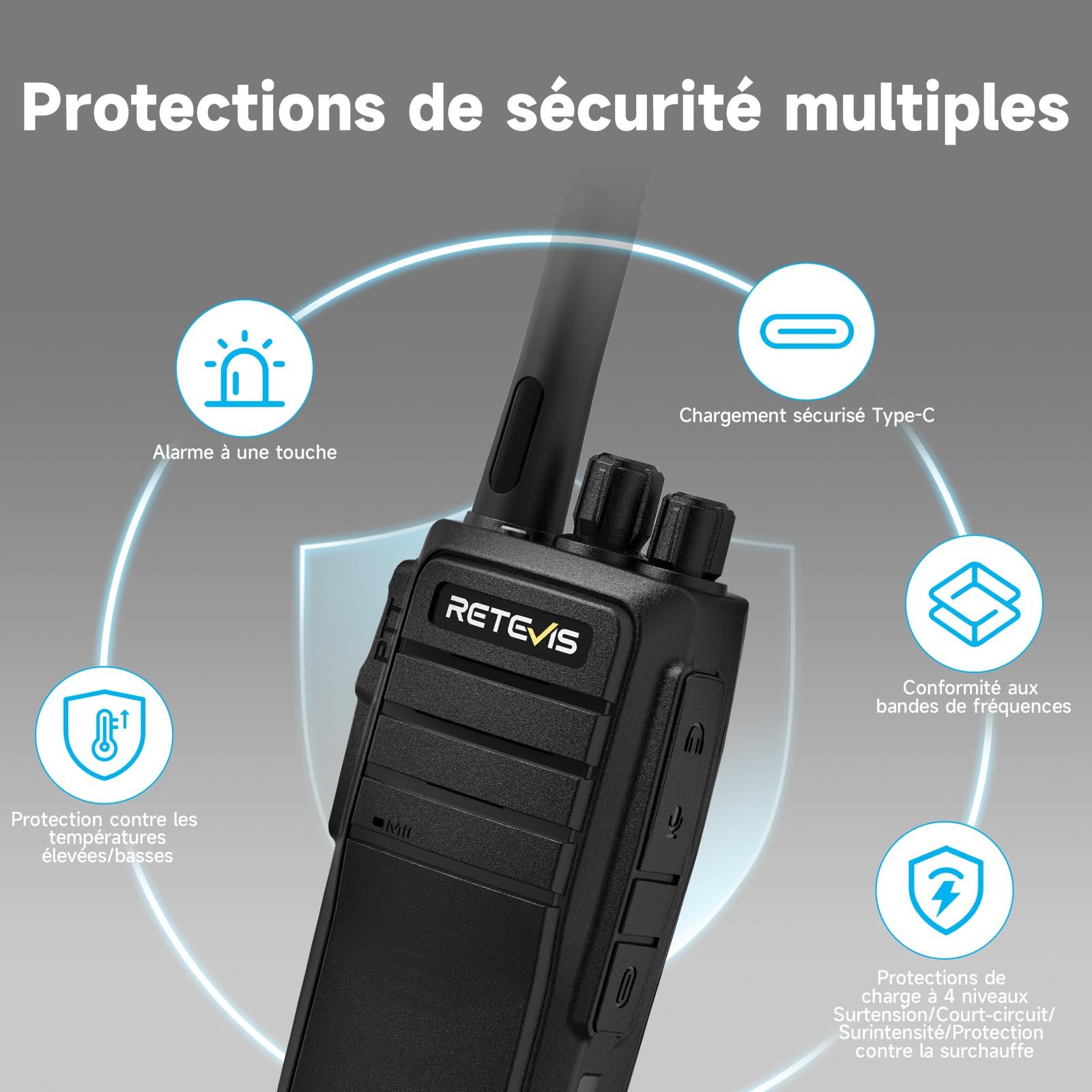 Retevis RT21 Walkie Talkie Portátil, Radio Bidireccional de 16 Canales con Base VOX o Carga Tipo C, 1200 mAh, Recargable para Planificación de Festivales, Comunicación de Seguridad (Negro, 4 Piezas)