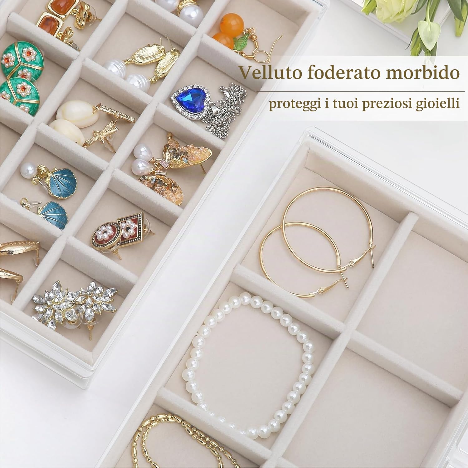 Organizer per gioielli in acrilico con vassoi di velluto, organizzatore trasparente per donne, organizzatore di gioielli per orecchini, bracciale (beige, 5 drawer)