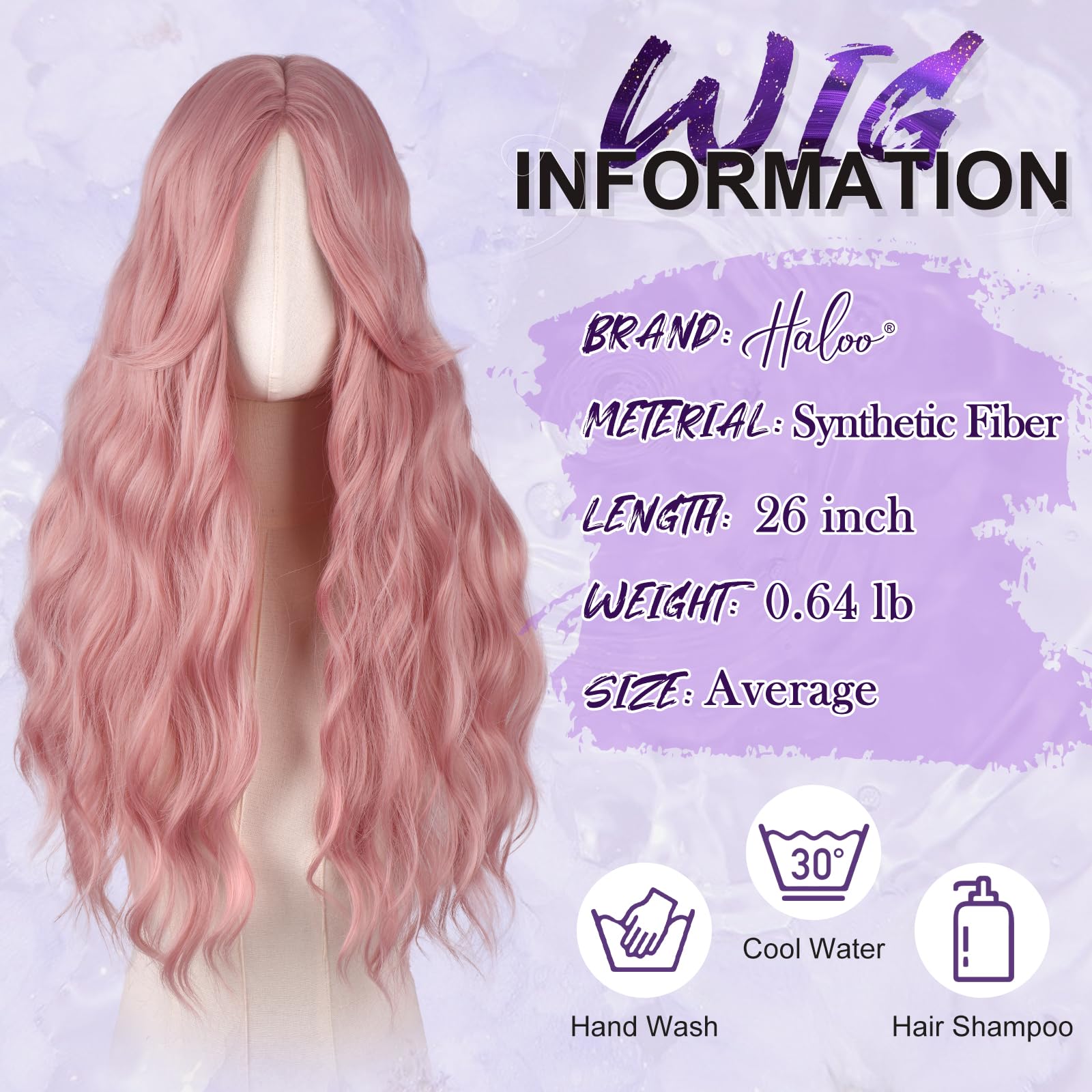 Haloo  Wigs with Curtain Bangs for Women - Long Wavy Middle Part Natural Looking Synthetic Hair Wig for Daily Party Cosplay Costume, 26 Inch: Pink
