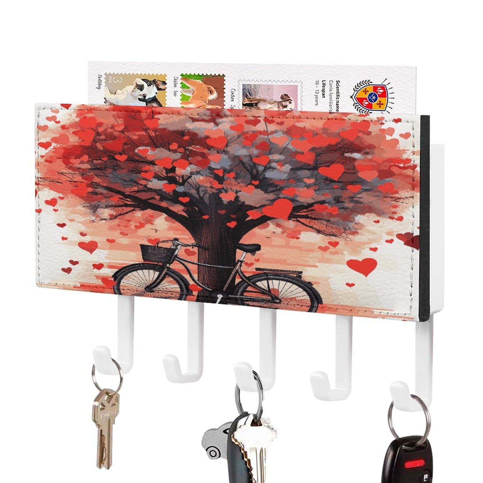 JTREHY Heart Tree Bicycle Key Holder Wall Mount Decorative Key and Mail Holder PU Leather Adhesive Key Organizer Hanging Key Hooks Wall Shelf with 5 Hooks for Entryway Hallway Office