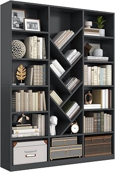 71" Bookcase, 6 Tier Large Bookshelf with Storage, Floor Standing Display Storage Shelves, Modern Tall Floor Standing Book Shelf for Living Room, Black
