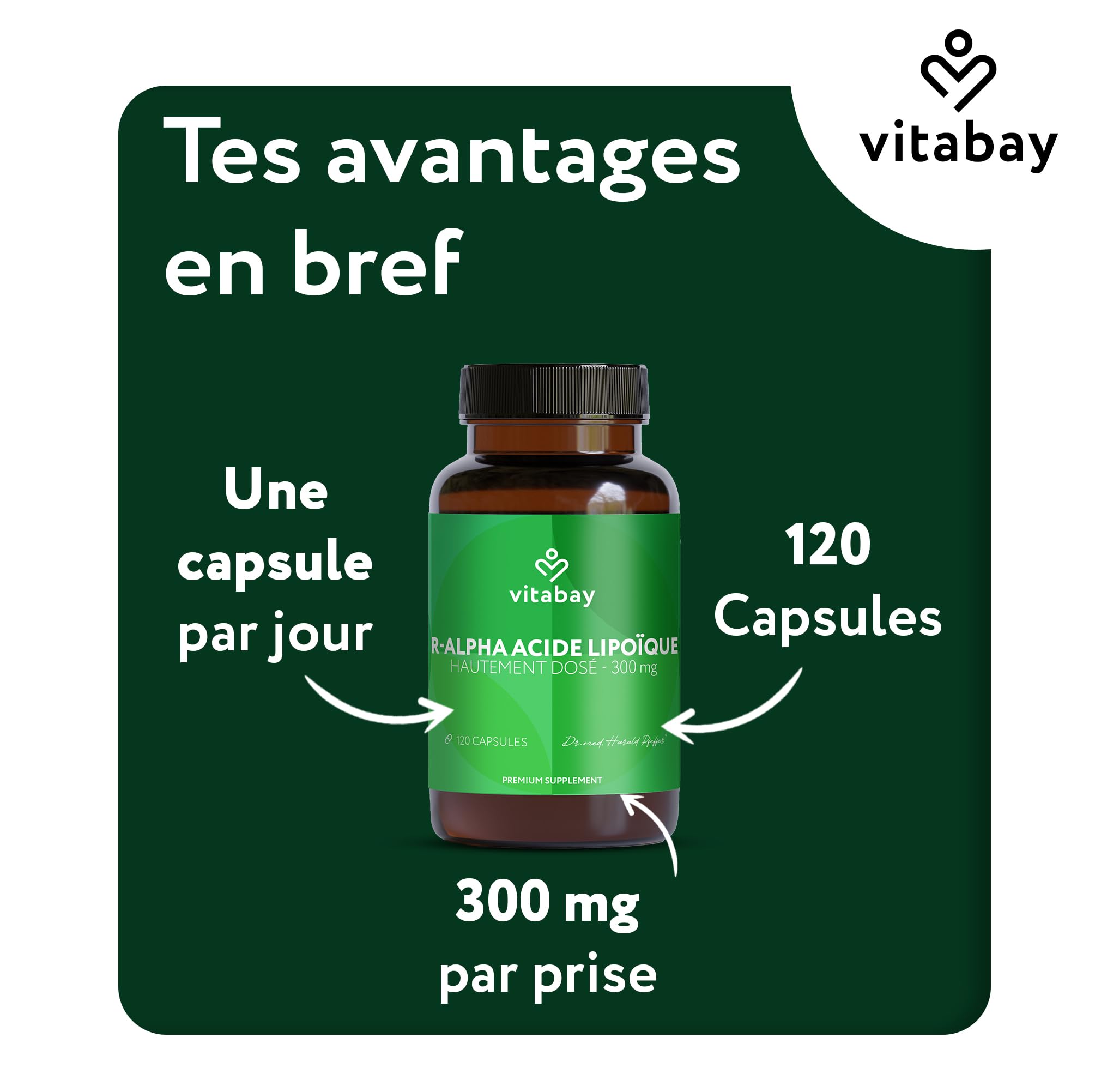 Vitabay Acide R-Alpha-Lipoïque 300 mg – 120 gélules véganes – Acide Alpha-Lipoïque hautement dosé – forme R naturelle sans S-ALA – testée en laboratoire en Allemagne – réserve 4 mois