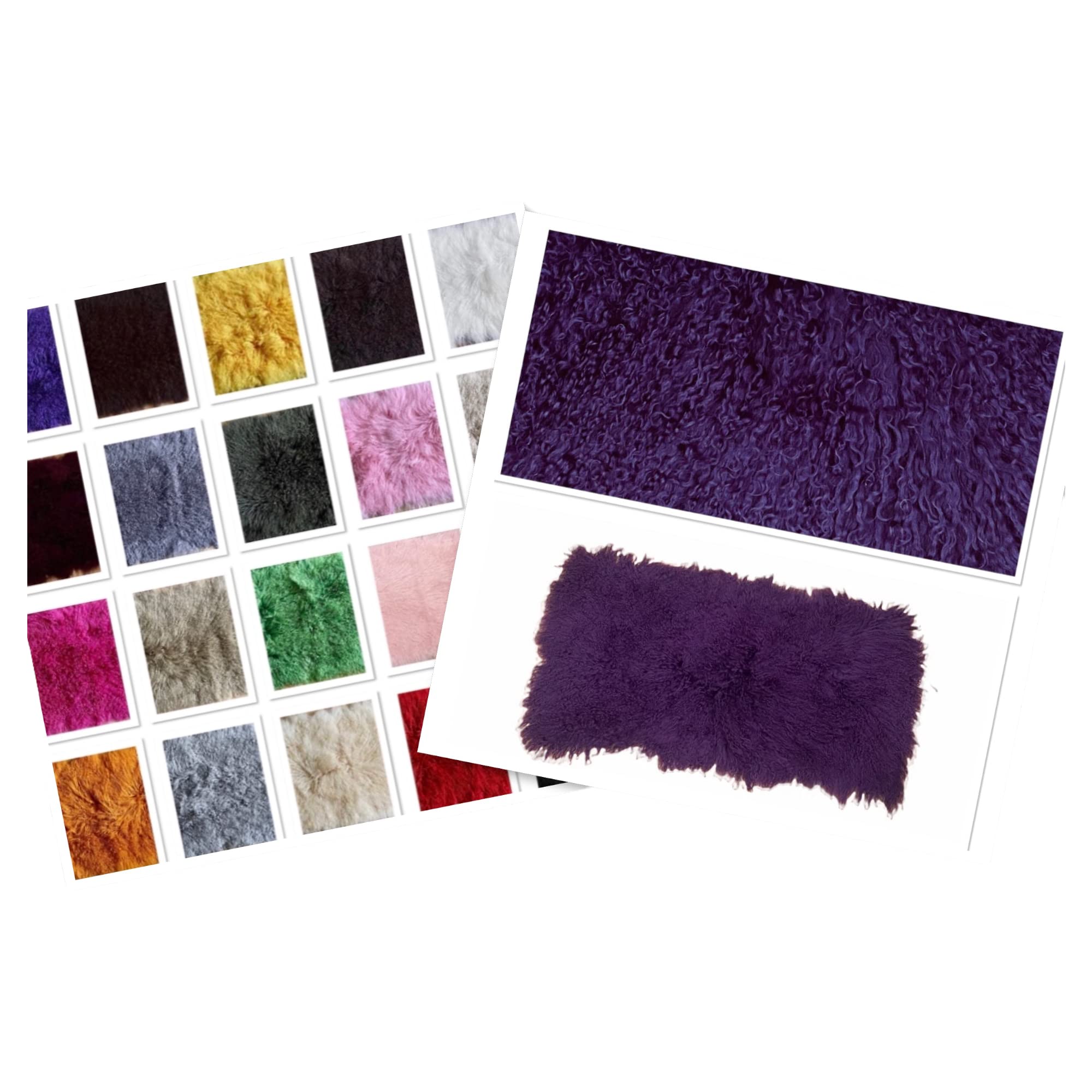 Plato de piel de oveja mongol – cordero tibetano, tamaño: 120 cm de largo – 55 cm de ancho * cosido a mano, increíblemente suave y esponjoso con un rizado natural. (morado)