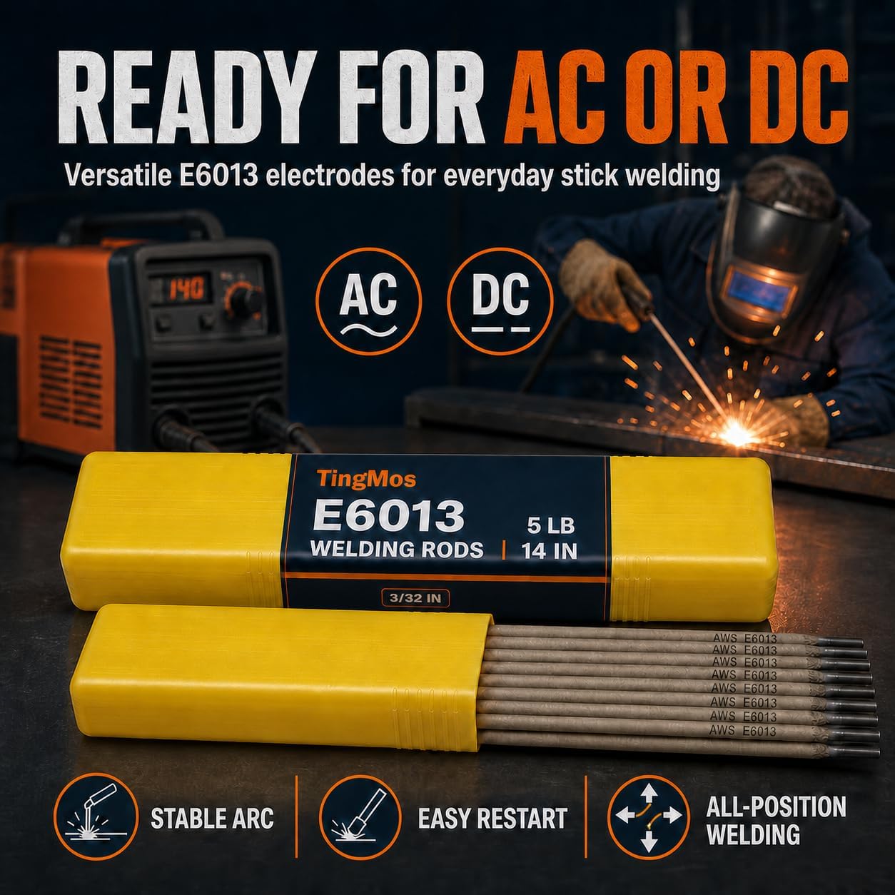 E6013 3/32 Inch Carbon Steel Stick Welding Electrodes, AC/DC, 5 LB