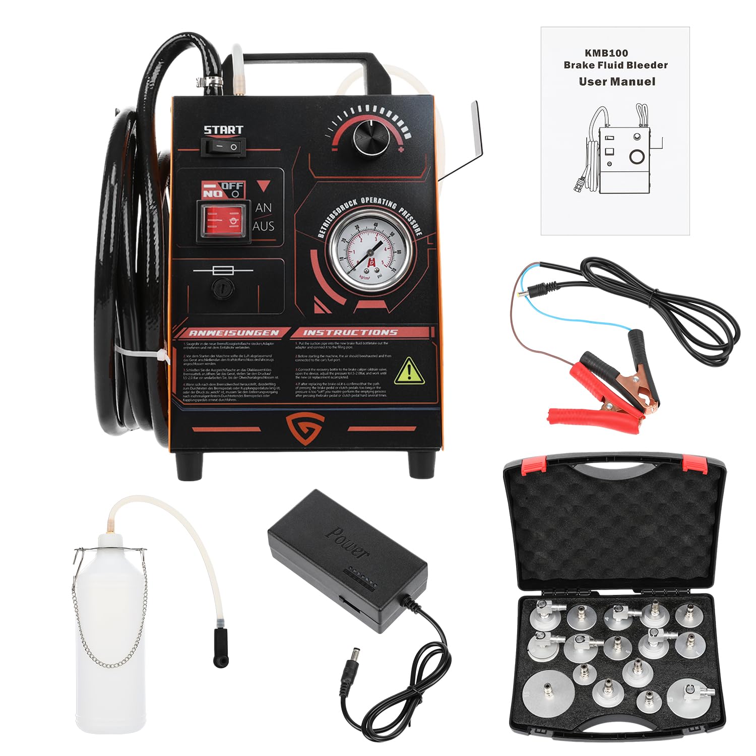 GEARMONSTER KFZ Bremsenentlüftungsgerät 220V Auto-Bremsenentlüfter mit Drucküberwachung Elektrisch Bremsenentlüftungsset Bremsflüssigkeitswechsel-Set, 0.5~2.5Bar Einstellbarer Druck