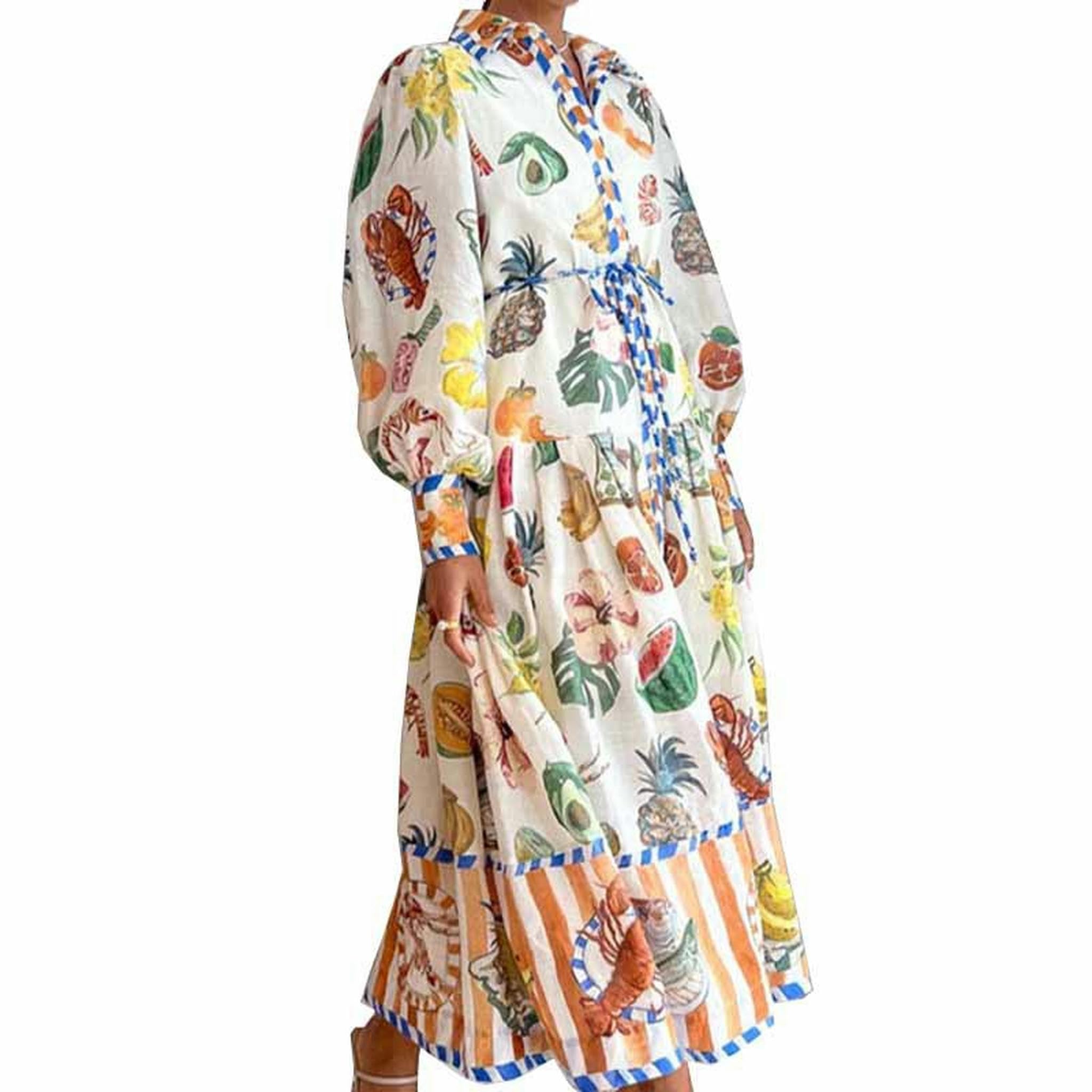 Nuovo Abito Ampio da Donna Estivo con Maniche a Sbuffo, Stampa Casual, a Vita Alta, con Scollo a V