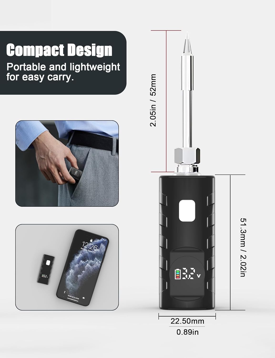 Mini Portable Solder Pen With Rechargeable Battery and Removable Threaded Soldering Iron Tip, Adjustable Voltage 2.8v-4.0v LED Display, Black