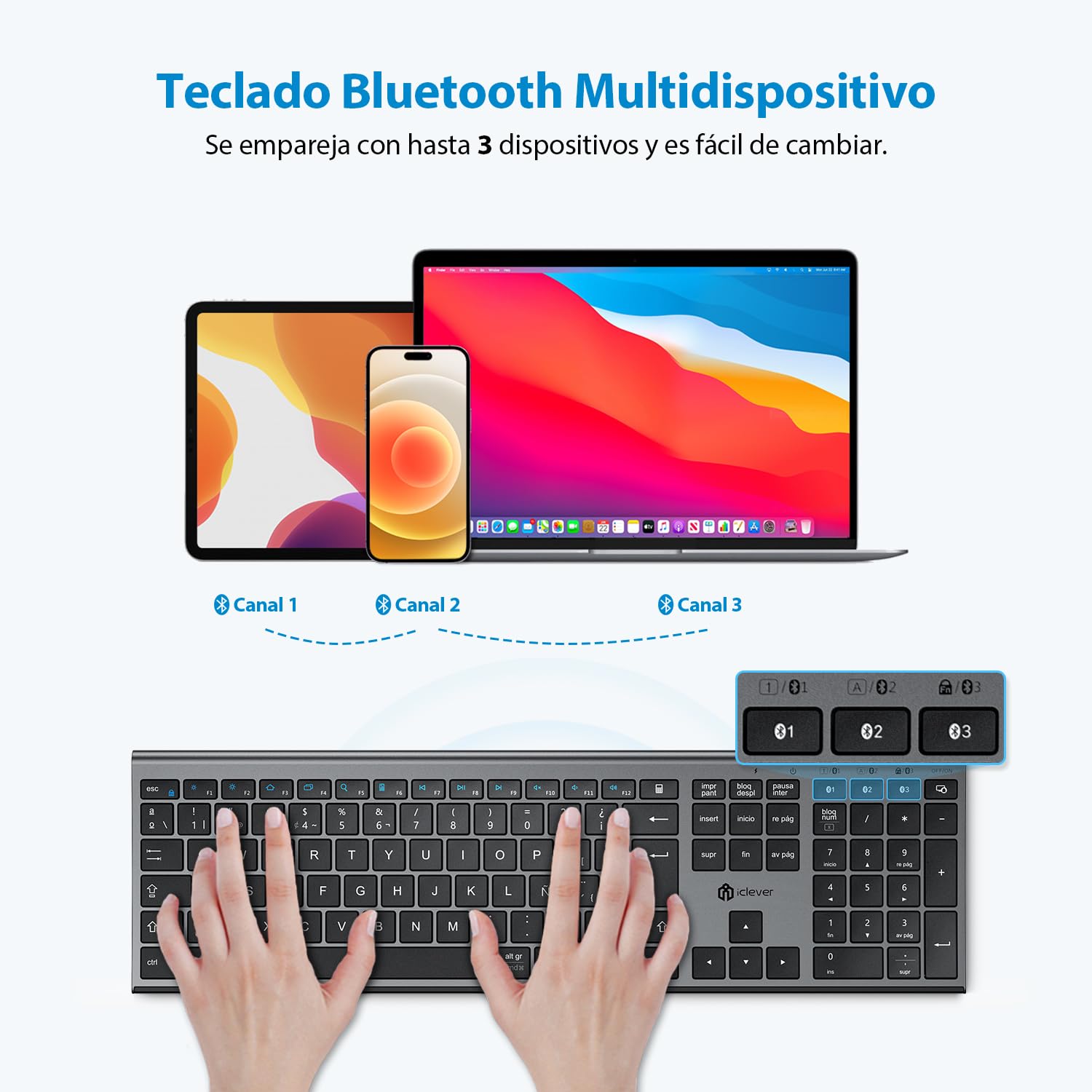 iClever Teclado Bluetooth BK23-QWERTY Español Teclado Inalámbrico para Mac con Batería Recargable Tamaño Completo Dedo Multidispositivo Multi-OS Gris Negro