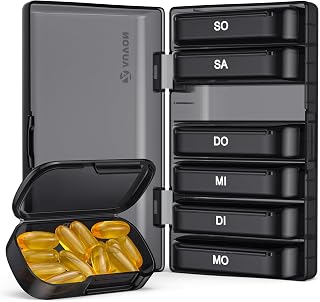 AUVON Tablettenbox 7 Tage mit Großen Separaten Fächern, Schwarz, BPA-frei | Pillendose 7 Tage, Leicht zu Öffnende Tragbare Medikamentenbox für Vitamine, Fischöl, Medikamente, Nahrungsergänzungsmitte