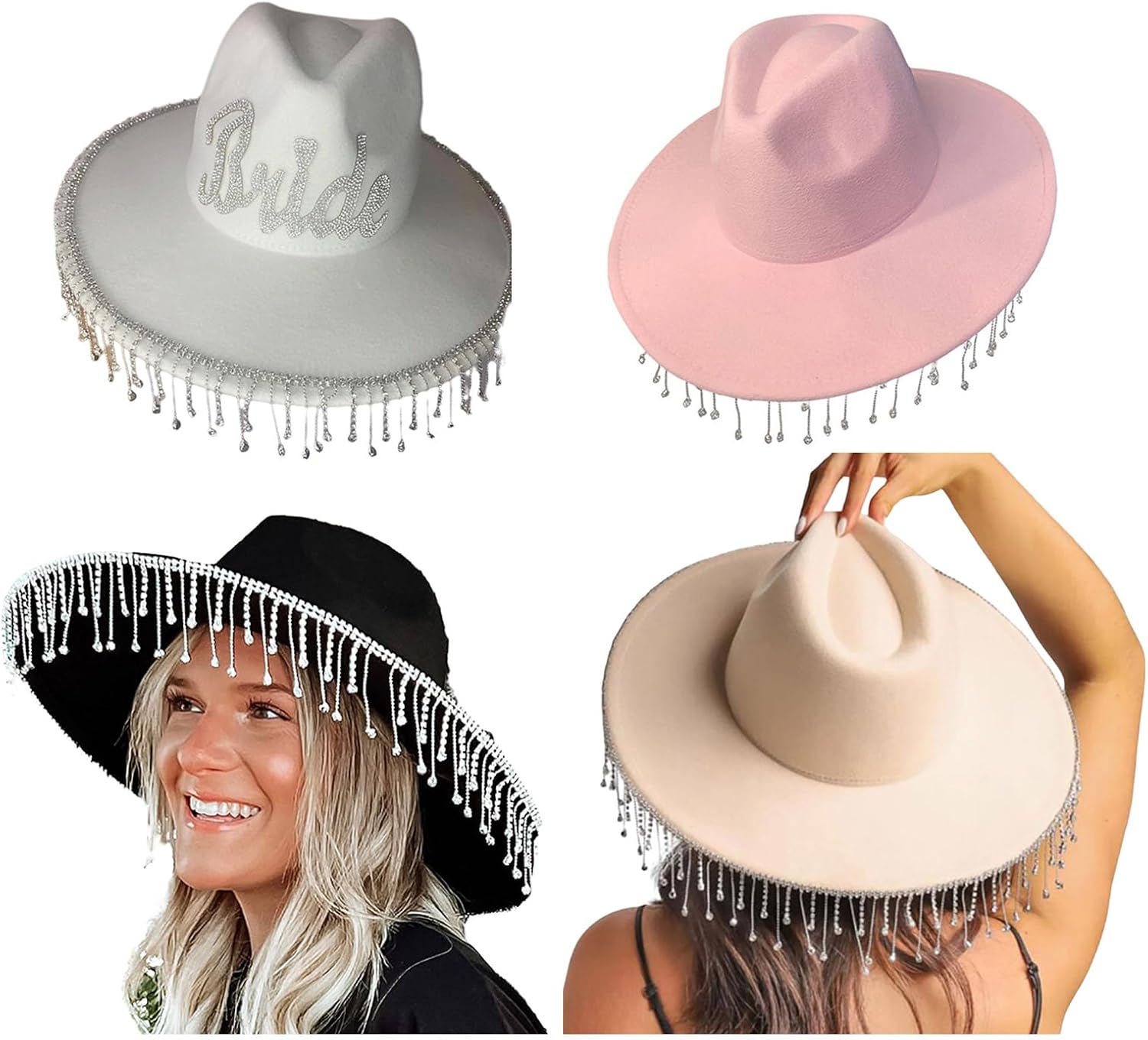 Cowboy hat,Shimmering Tassels Hat Bride Western with Rhinestones